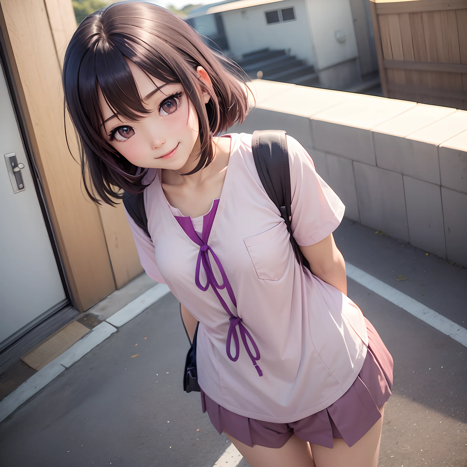 1girl in、独奏、senjougahara hitagi、Buruma、shortsleeves、A smile