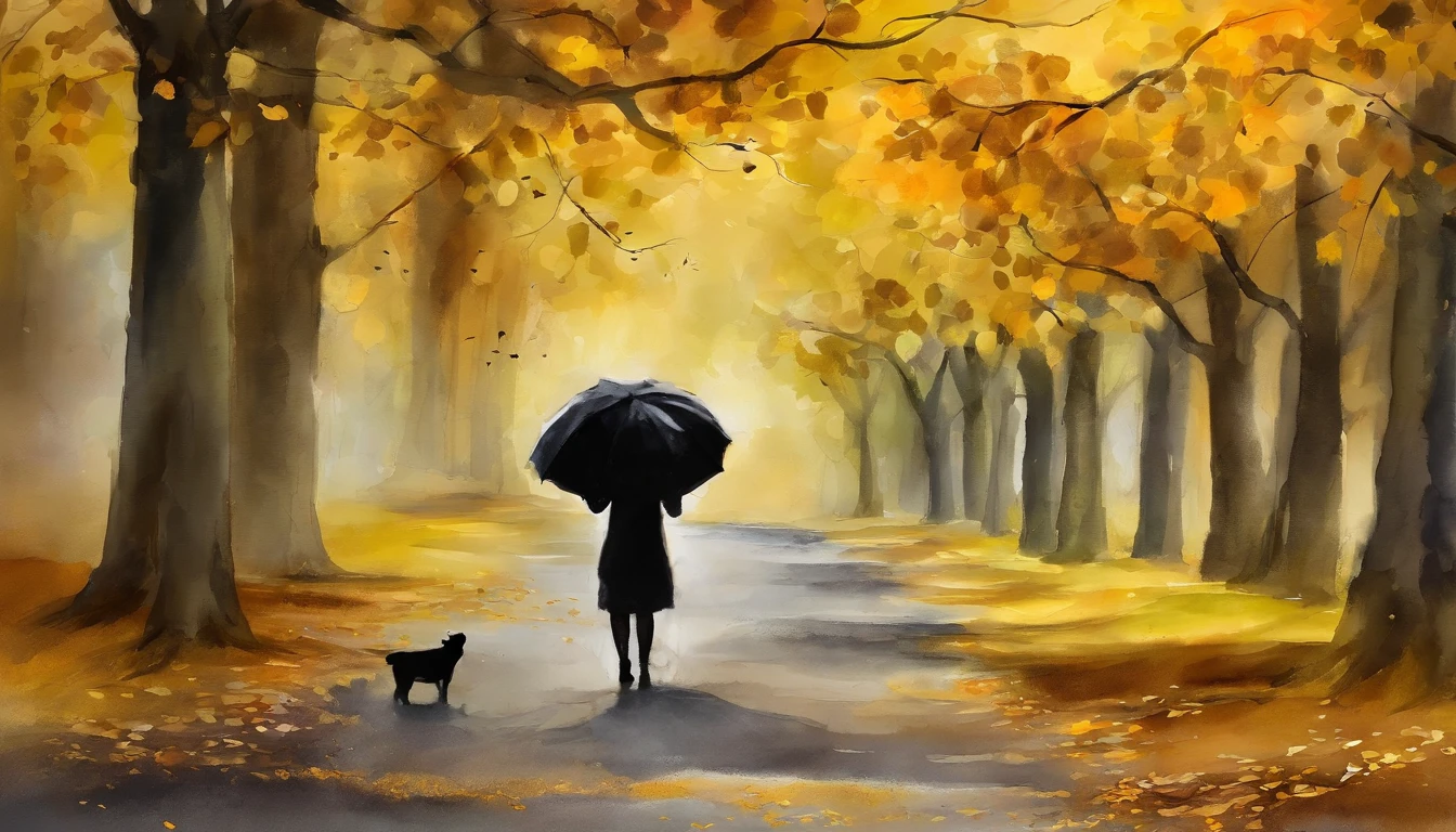Girl with black umbrella，Look back，Ginkgo tree， Department deciduous pavement，Fallen leaves，autumnal，Light yellow tone，super-fine，Carefully portrayed，high qulity，8K，Miyazaki animation style