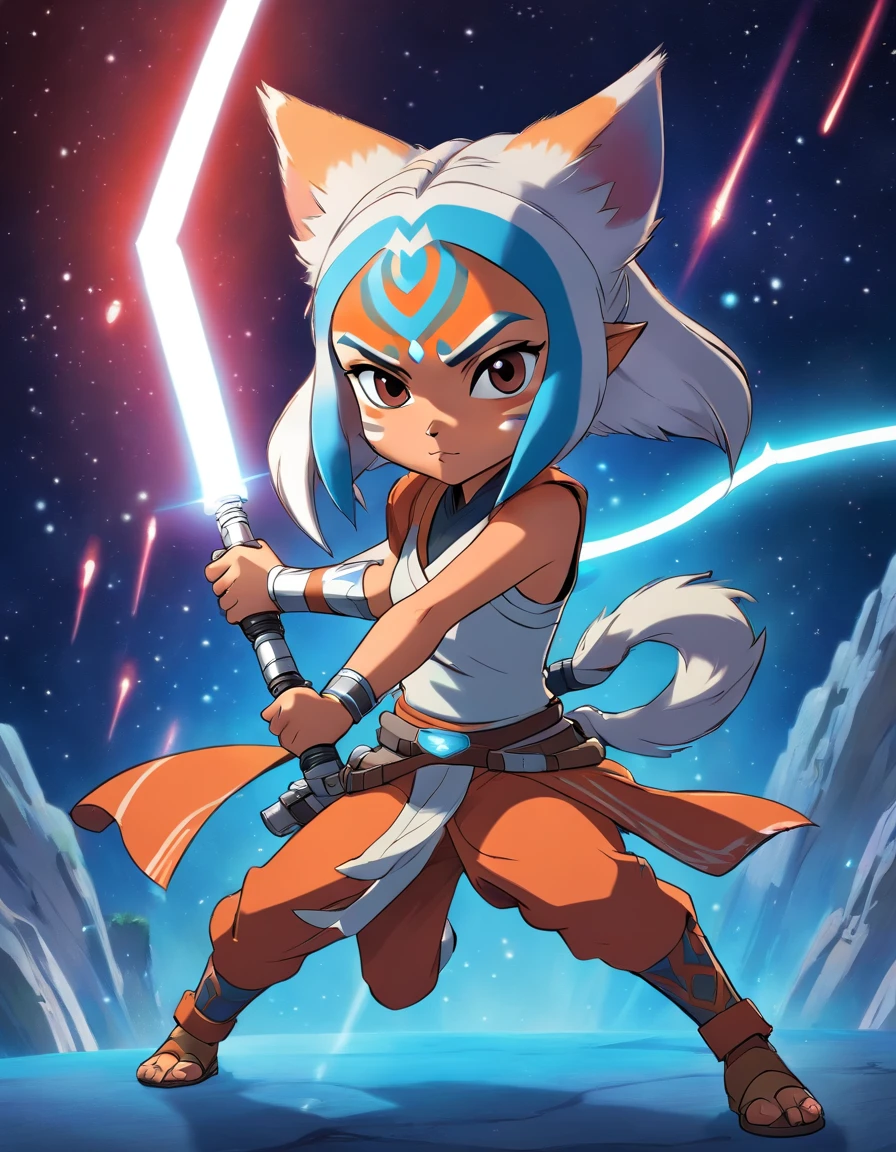chibi style, ahsoka, star wars, in action pose, light sabre
