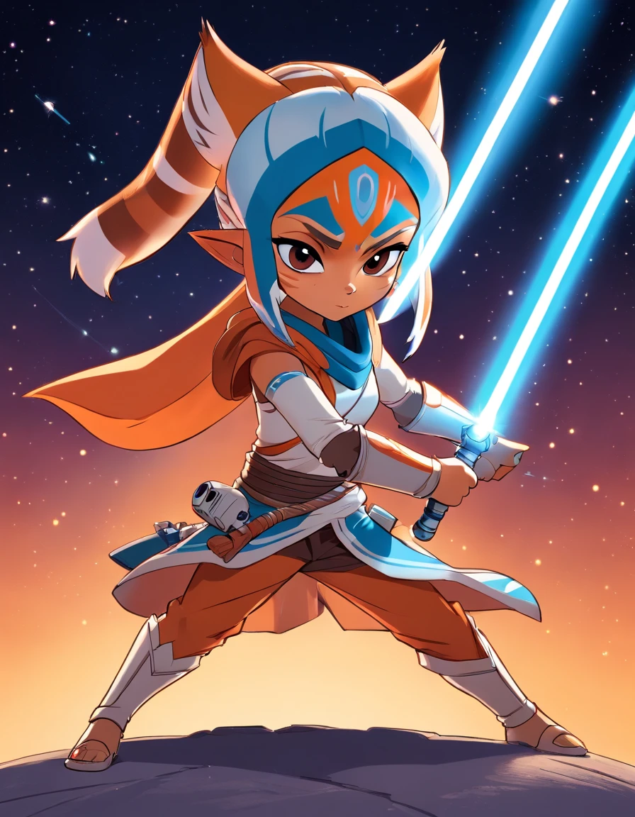 chibi style, ahsoka, star wars, in action pose, light sabre