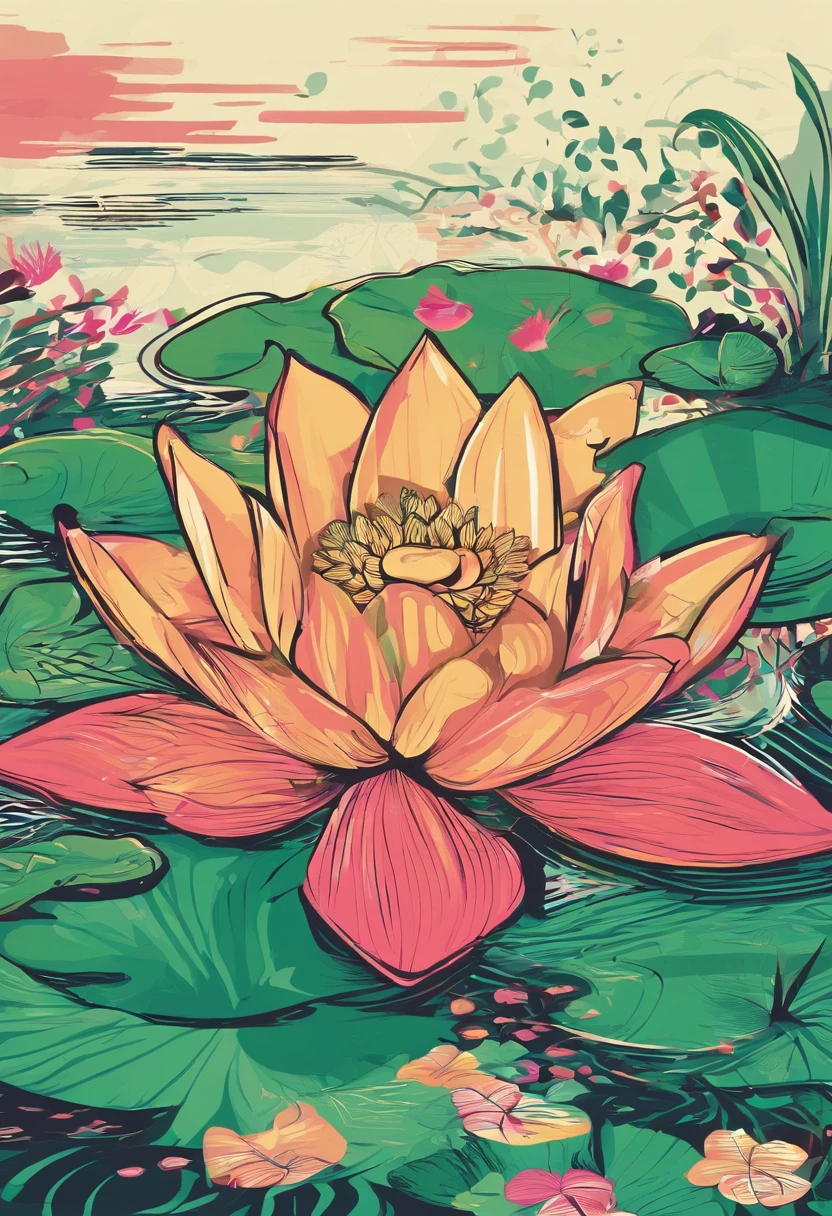 Vector graphics,vectorial,Graphic illustration,Flat noise style,Vector illustration,lotuses,ponds,Lotus on both sides,Water flows in the middle,frogs,The fish,illustration,scenecy,poster for,gracefulness,The color is bright,Green