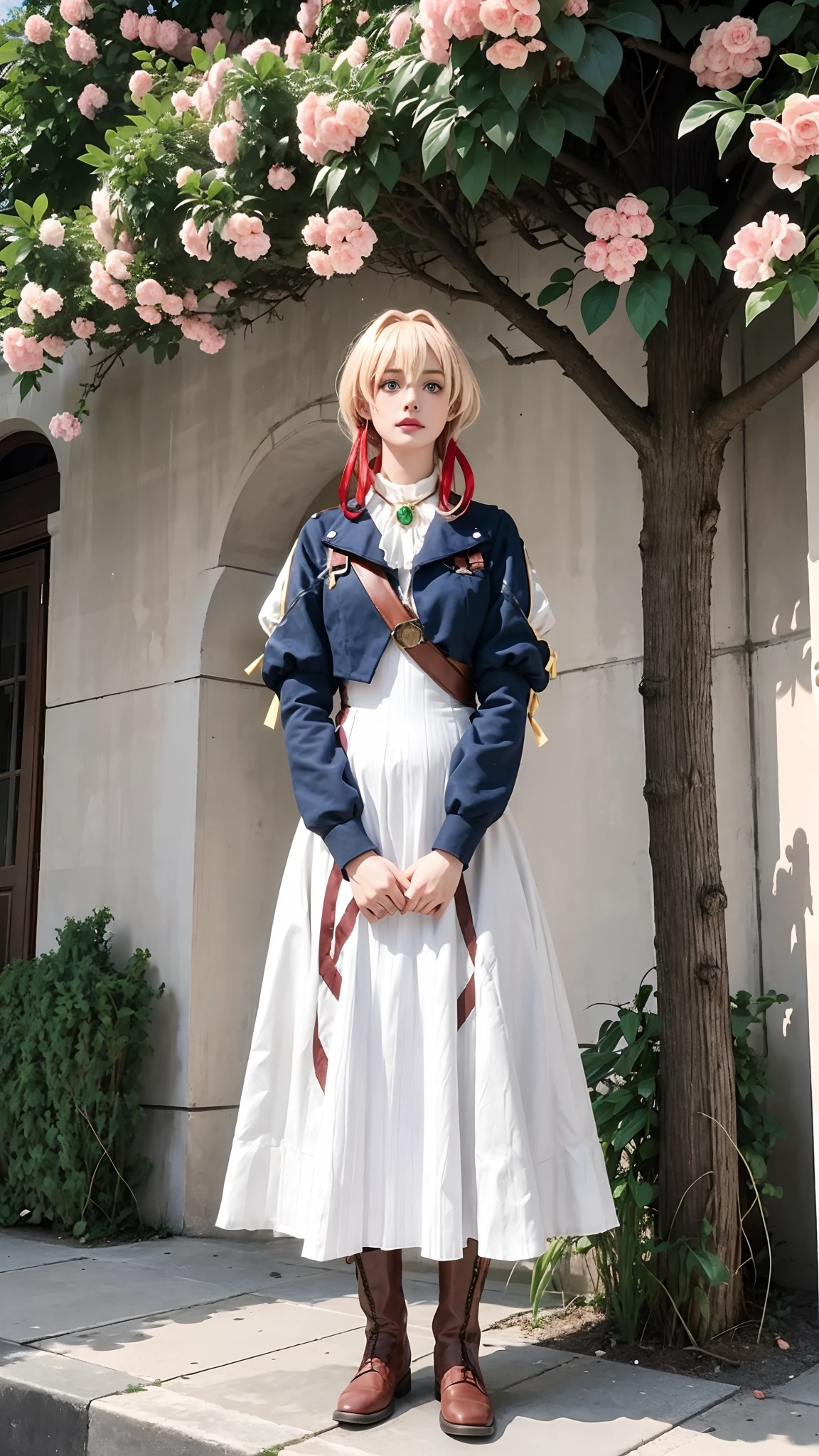 1girll, (((Masterpiece, Best quality))),(Realistic, Photorealistic), Violet_evergarden, Cowboy shot, cabellos largos dorados,Braid, Red hair ribbon, bangs, Short blue jacket, Blue long sleeves, jewelry, Blue eyes, corsage, ascot, a white long skirt, Brown boots, view the viewer, full bodyesbian, (((Stand naturally))), Outdoors, ((Castle)),((Casa)) Streets, Green plants, Flowers,((Anne Hathaway))