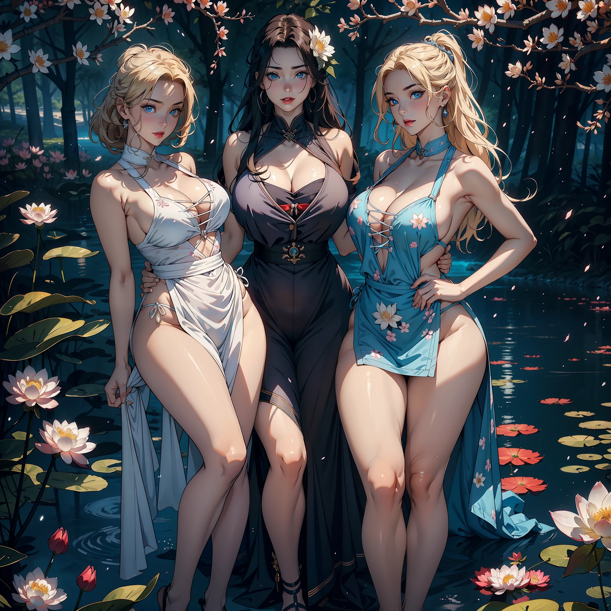 3 females,Stand in a row,Beauty pageants,sexyposture,Married Woman,A MILF,熟妇,mature,extremely large bosom,plumw(Background with:Mare,Military port,battleships,submarine,Cherry blossom forest,lotus flower)Lie underwater, She has short blonde hair,cabelos preto e longos,bobo head,seen from the front,mostly cloudy sky,(((tmasterpiece),(Very detailed CG unity 8K wallpaper),best qualtiy,cinmatic lighting,detailed back ground,beatiful detailed eyes,Bright pupils,Blue eyes,Snow-whiteskin,Redlip(Very fine and beautiful),(Beautiful and detailed eye description),ultra - detailed,tmasterpiece,))facing at camera,A high resolution,ultra - detailed),revealing breasts,Bare genitalia, Bulge,legs are open,Raised sexy,Camel toes,Desire for dissatisfaction,frontage,(Wearing : Transparent apron)