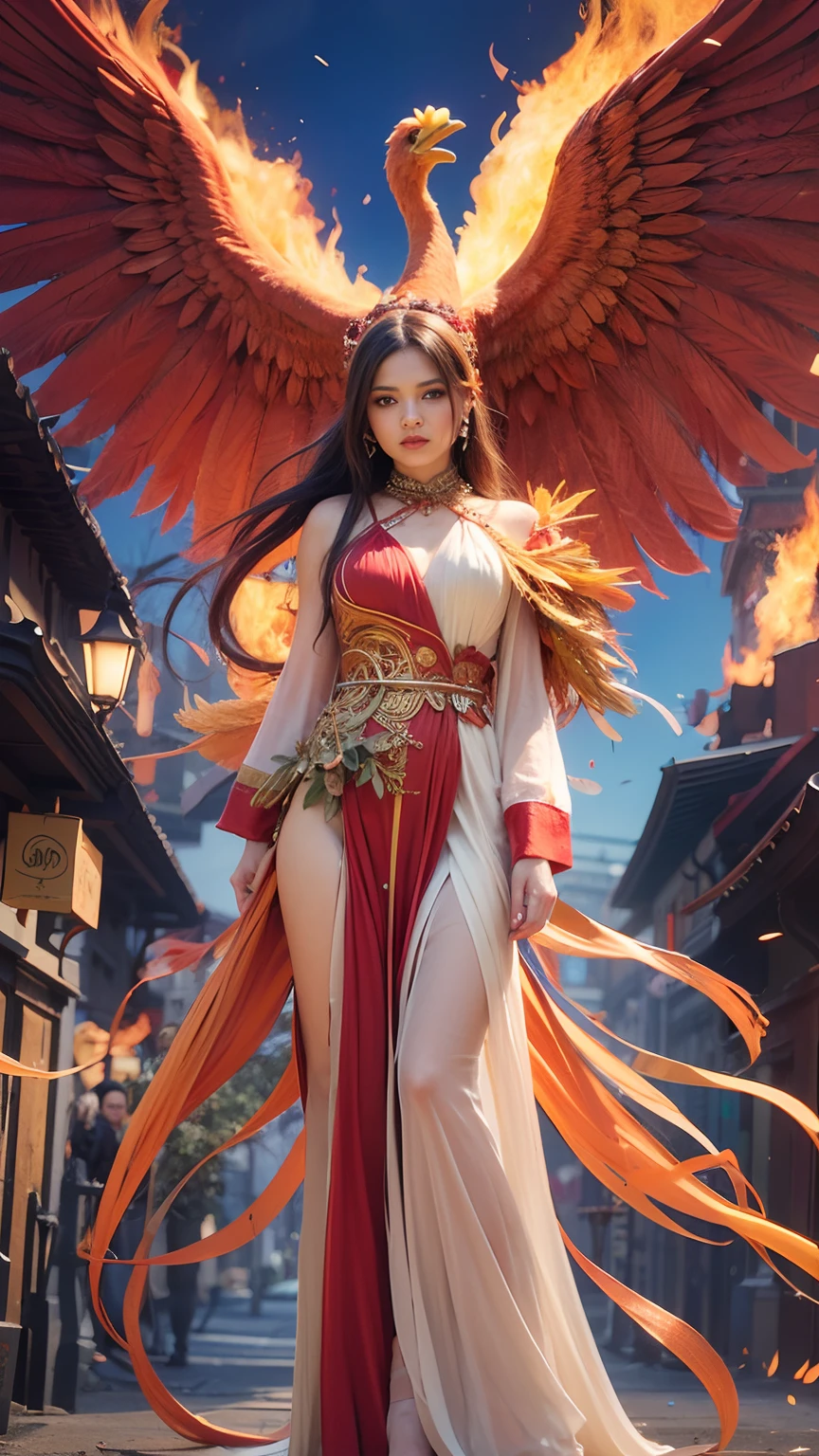 Girl with long red dress with Phoenix on fire, background on fire