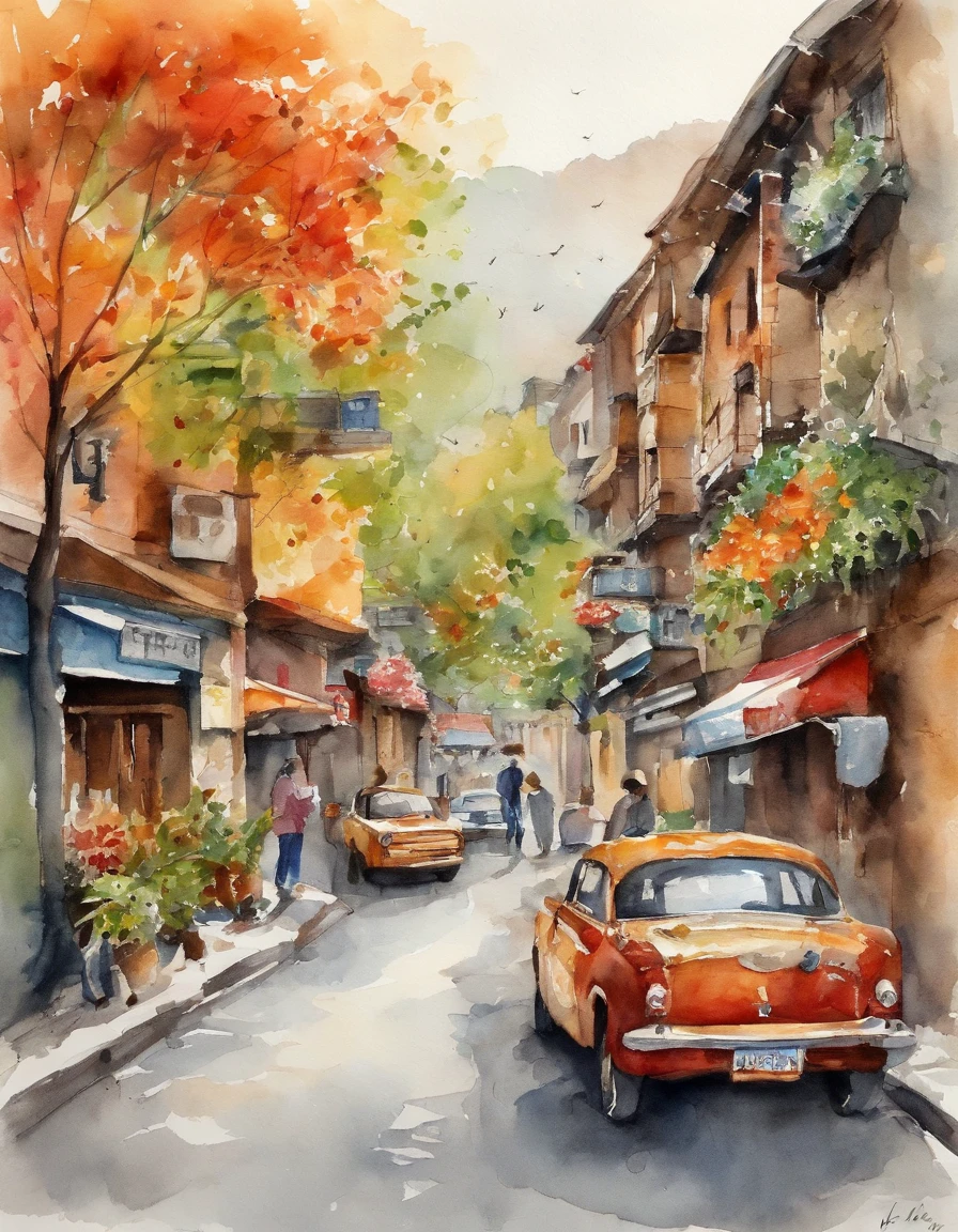 There are many illustrations of cities with colorful leaves, Korea, Seoul, In the style of a vivid cartoonist, fall,, Jack O's lantern, spices, New York School, Robert Monsch, Concept street art, Movie stills 50d, naturalistic depiction of flora and fauna, Playful cartoons