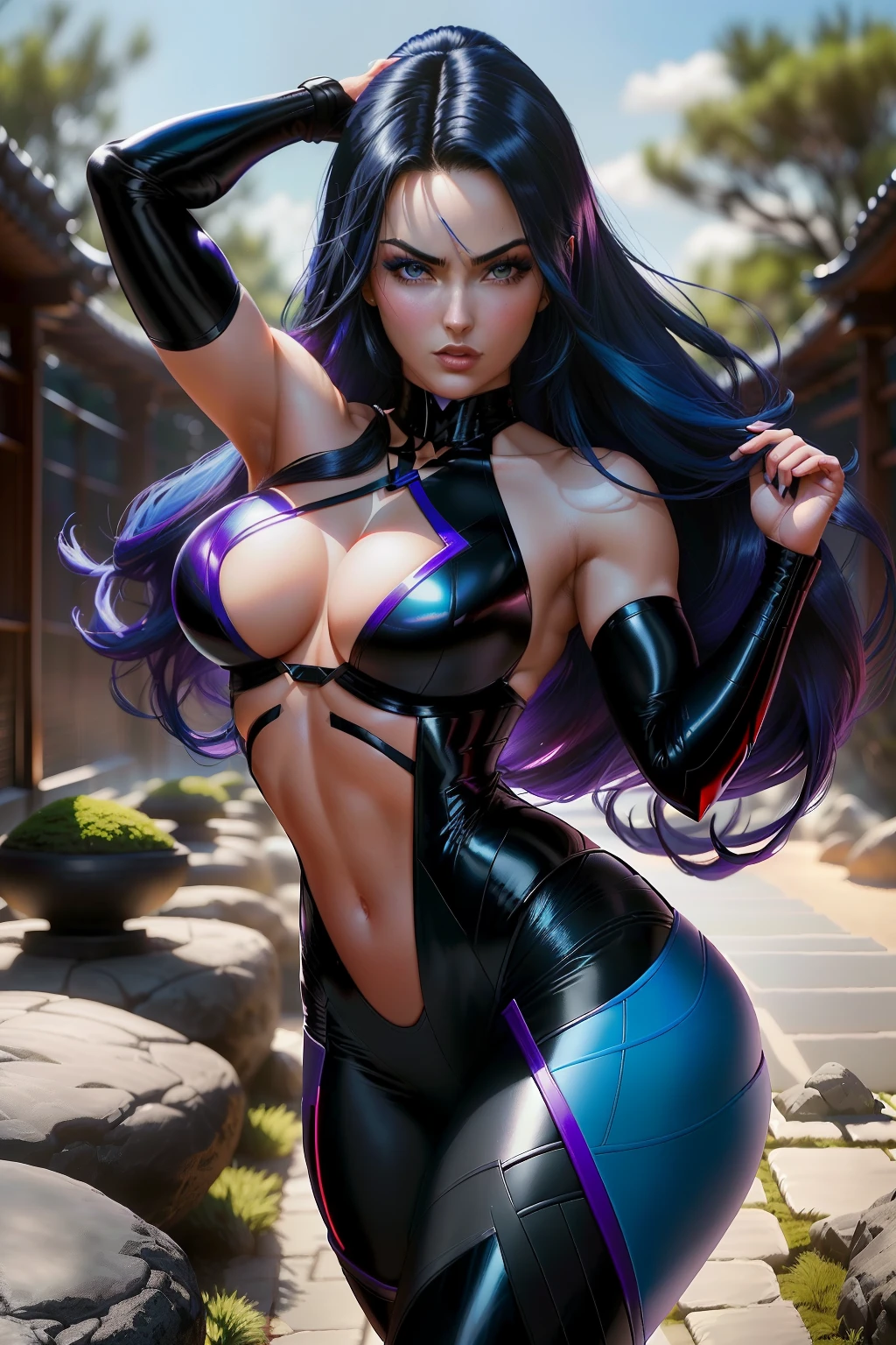 ((Psylocke from the X-Men comic book series)) (Cara hermosa)(ojos brillantes)(labios rojos) ((peinado negro largo y liso con flequillo lateral))) ((pechos muy grandes) (Cuerpo delgado perfecto) (viste un traje de cuerpo de cuerda sexy azul, guante azul y media larga azul)) (Posing sexy inside the Zen garden)), (a high definition, Incredible lights and shadows) ((Obra maestra)) (8k) (Cara perfecta) (La mejor calidad) (Manos perfectas, ojos, y cara)((Psychial power floating around))