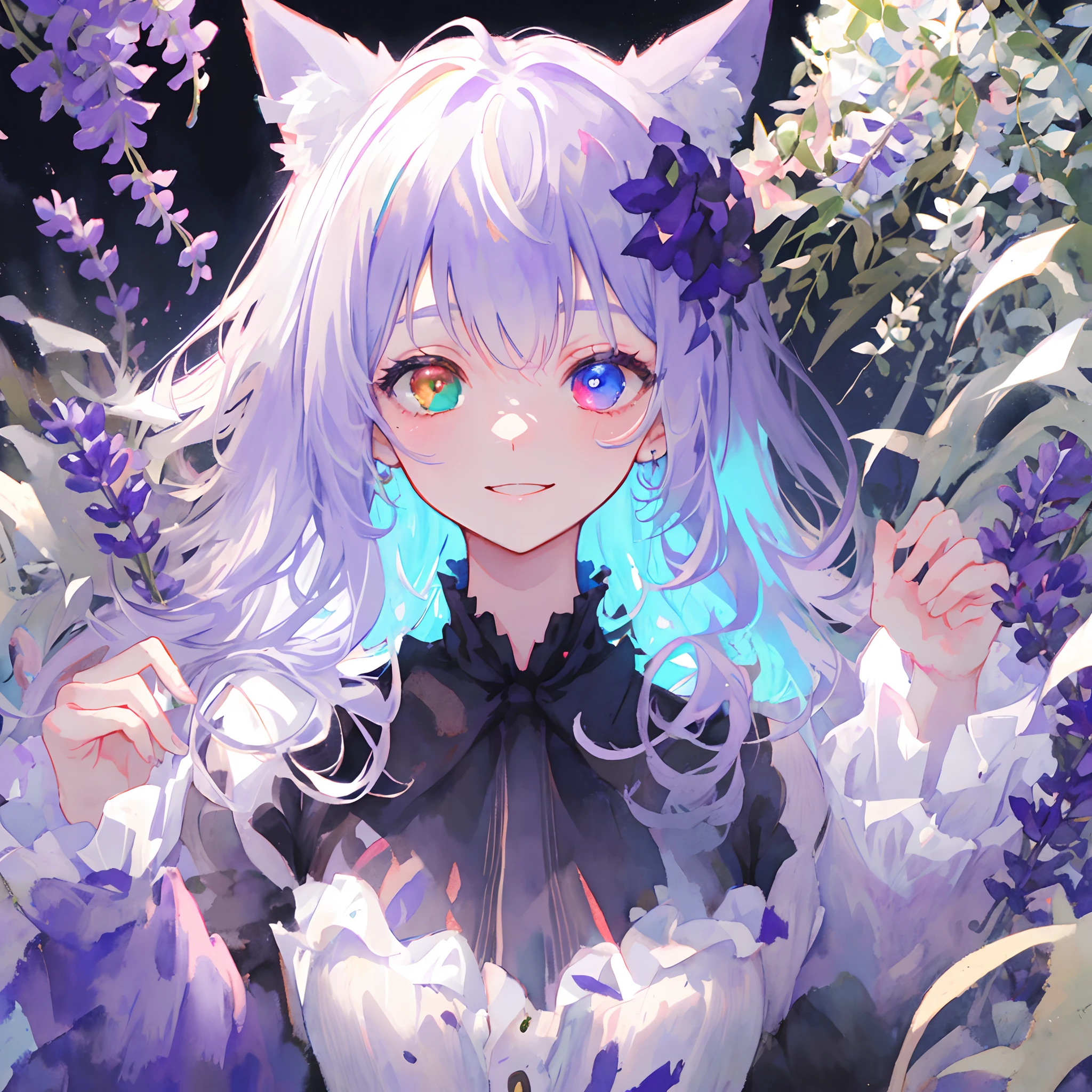 close-up portrait of ((solo young catgirl)), lavender hair, nekomimi, simple plain background, relaxed, innocent smile, flowing hair, flowers, leaves, masterpiece, heterochromia, polychromia, light background, (pastel colors), (muted colors), glow, soft, in the style of a watercolor painting