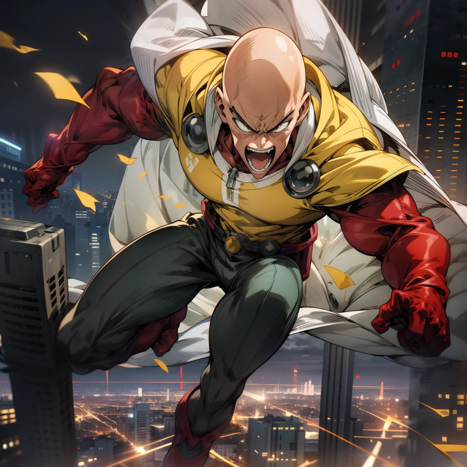 masterpiece, best quality, 1boy, (saitama), bald hair, black eyes, red gloves, yellow clothes, white cape, flying, angry face, aura power, night, natural light, flying, angry eyes, angry face, male focus, strong muscles, movie composition, flying, bokeh, (futuristic), (full body), city view, flying above the city, scary look, godly strenght