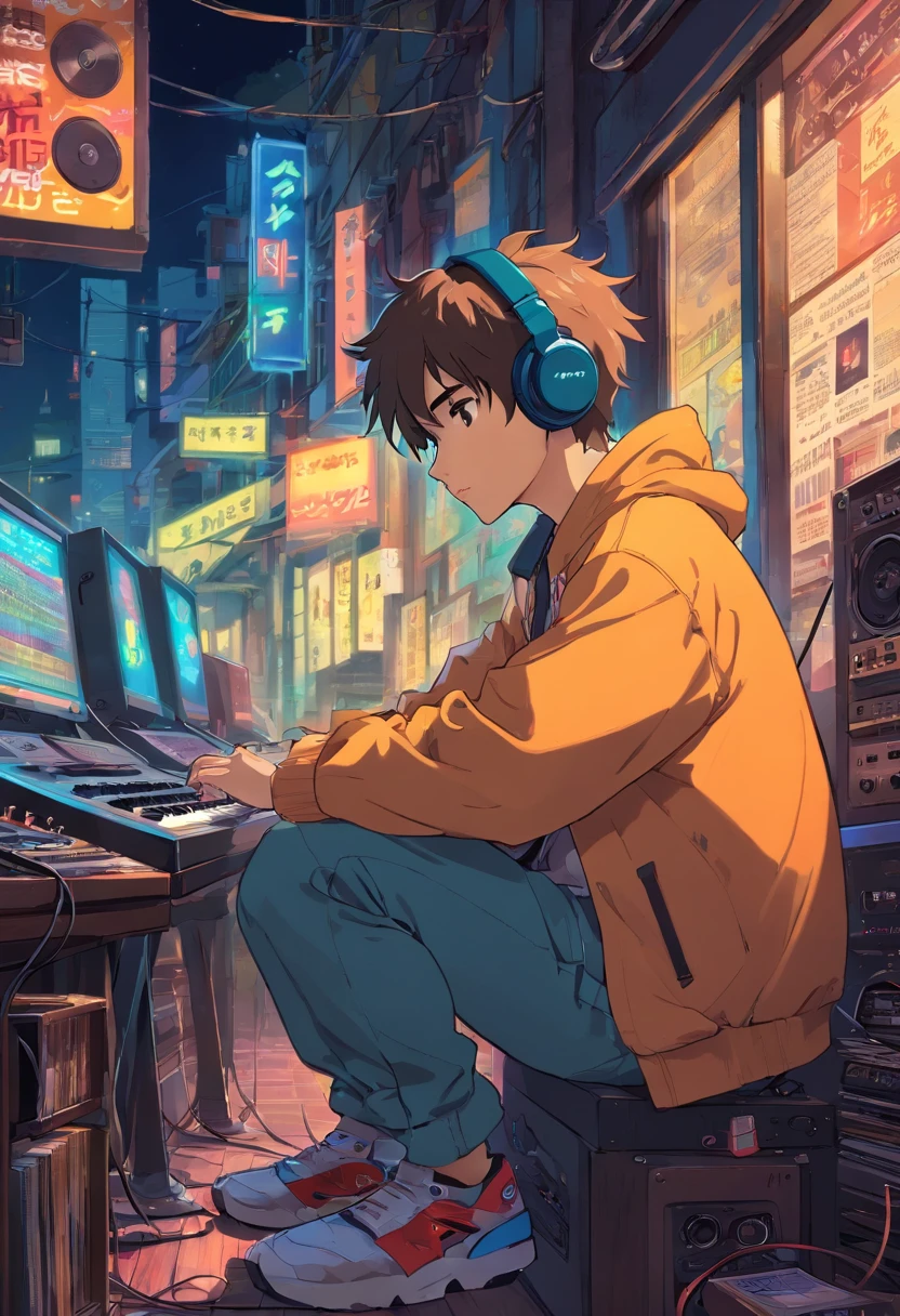 1 boy,Photo of a man listening to music wearing headphones, Text why you, Super detail, Vintage wave, Cyberpunk, Sad atmosphere, Glowing light through the windows, nighttime scene, One bedroom, 2D, (shot from afar), Wide shot, (Movie noise), Old cartoons, (Many records: 1.3), Vinyl record store, (Masterpiece, Very high quality, Very high quality, offcial art, Beautiful and aesthetic: 1.2), (Very detailed, (Fractal art: 1.4 ), guitar, (Notes: 1.4), (Lo-fi hip-hop), Side view, Old anime textures, Alone, speakers, Cyberpunk, Vinyl, Night,Exquisite facial details,cool guy