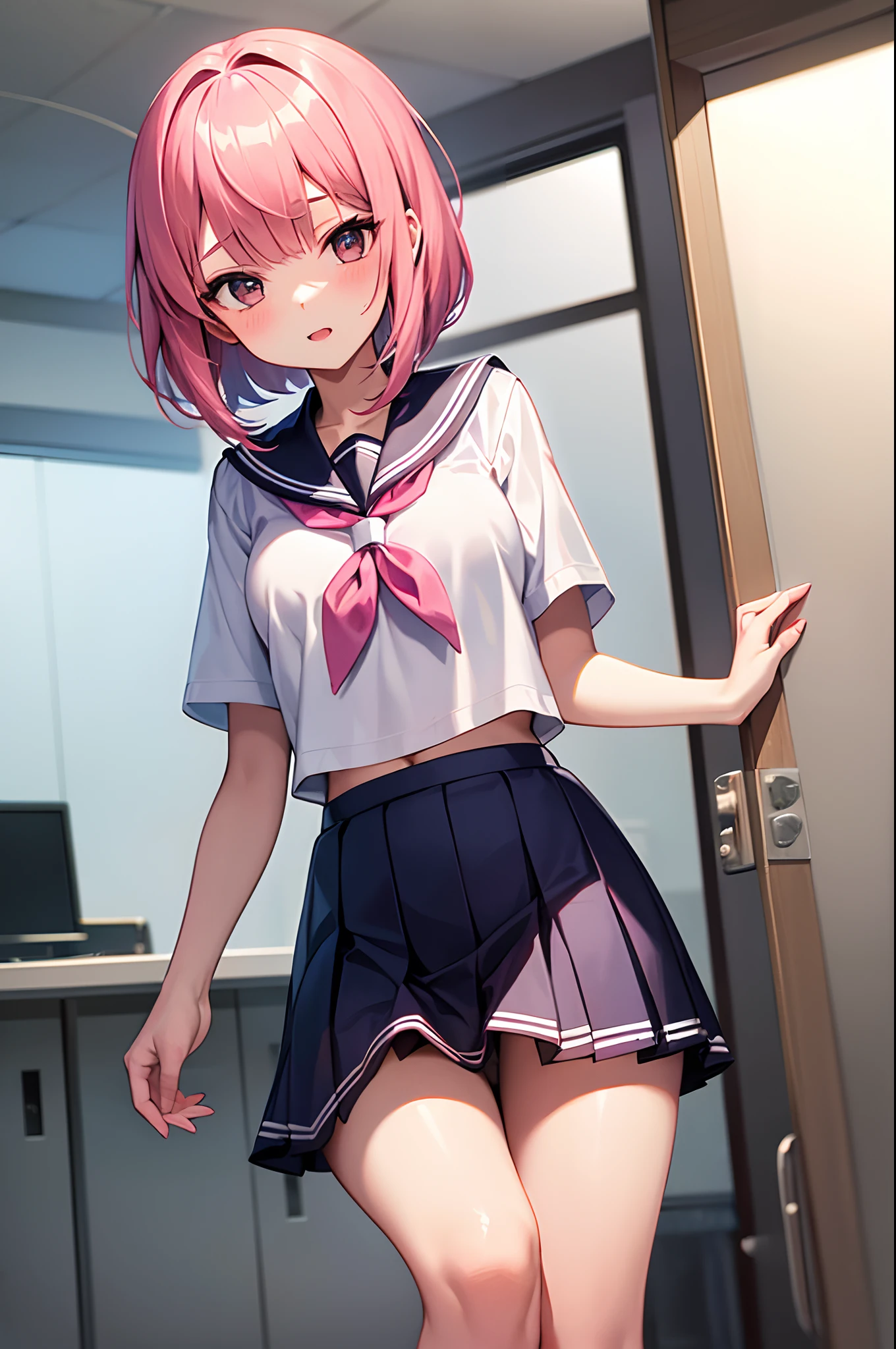 High school girl in a sailor suit with pink hair and a thick miniskirt in the infirmary