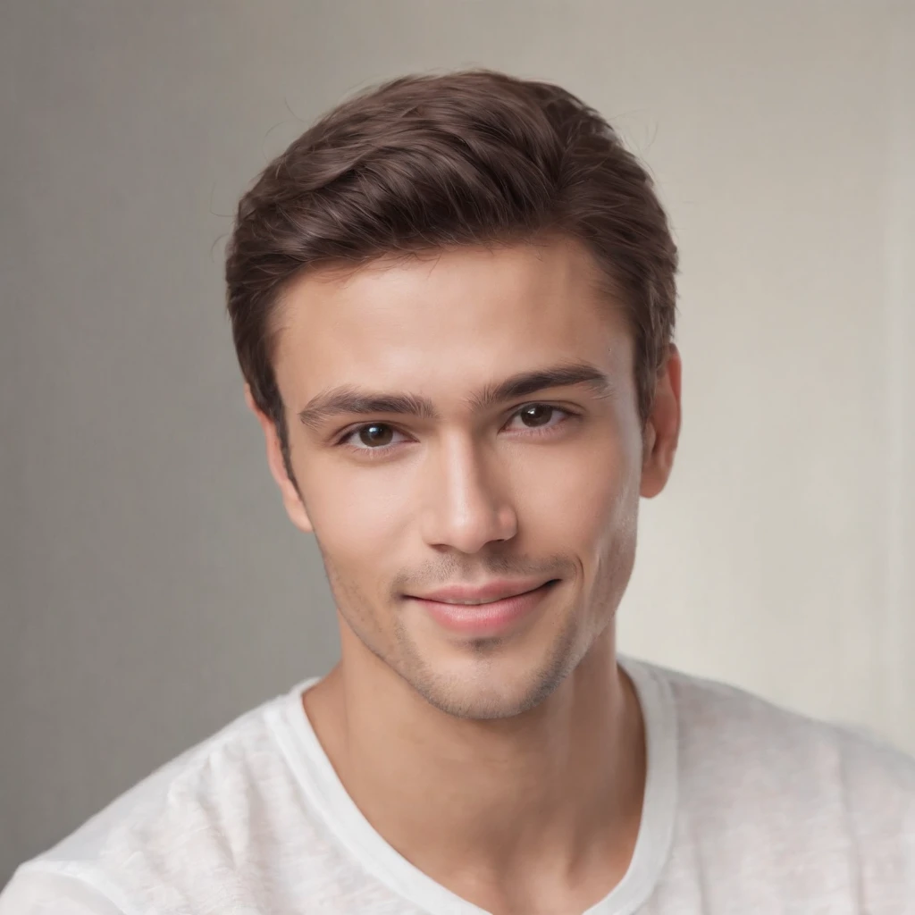 (photo: 1.3) af (photorealism: 1.3), African man soft light, clear face, happy, cheerful, warm light, white t-shirt, ((off-white background)), ((off-white background)) . ((grey wall background)) avatar, (long or short hair), smile, handsome, young,short hair, (close-up)