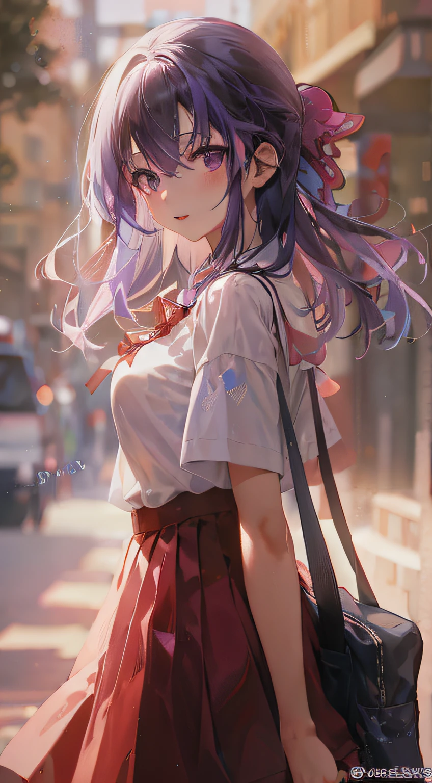 Purple colored hair，Anime girl with white shirt and red skirt，red bow，backpacks，the street，Purple eye。long whitr hair