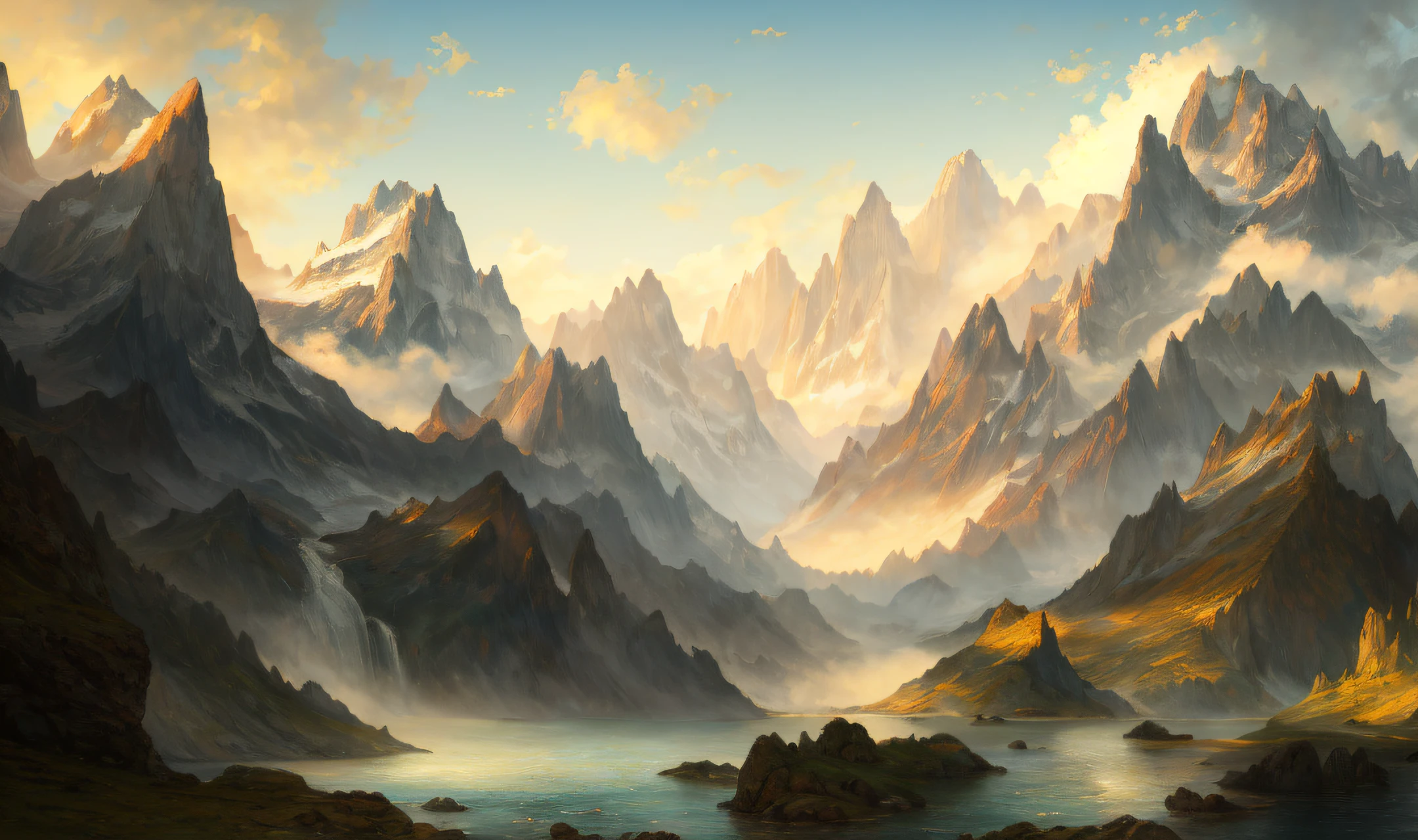 photo of a mountain scene with a lake and a mountain in the background, lots of waterfalls, inspired by Thomas Moran, mountainscape, misty mountains, detailed digital painting, detailed soft painting, inspired by Bob Ross, soft digital painting, high detail digital painting, low detailed. digital painting, painted in high resolution, 8 k resolution digital painting, 8k resolution digital painting, detailed painting 4 k
