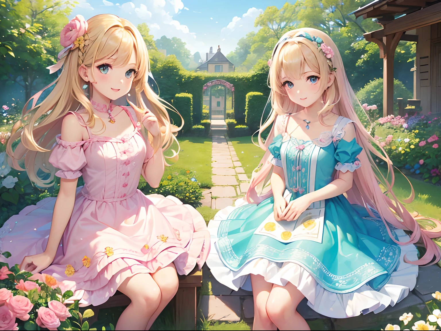 (Best Quality),(masutepiece),(ultra-detailliert),(detaileds),(Extremely detailed),Beautiful children's book cover, 1 girl in,Colorful and capricious,(Best Quality),(Soft and sweet),(Adorable,wealthy(Vivid and dynamic illustrations),(Fun and playful),(Sparkling eyes and sweet smile),(Bright and lovely flowers),(In the garden),(Pink flower ornament in light blue dress),(Hair is blonde),(Hair is down)