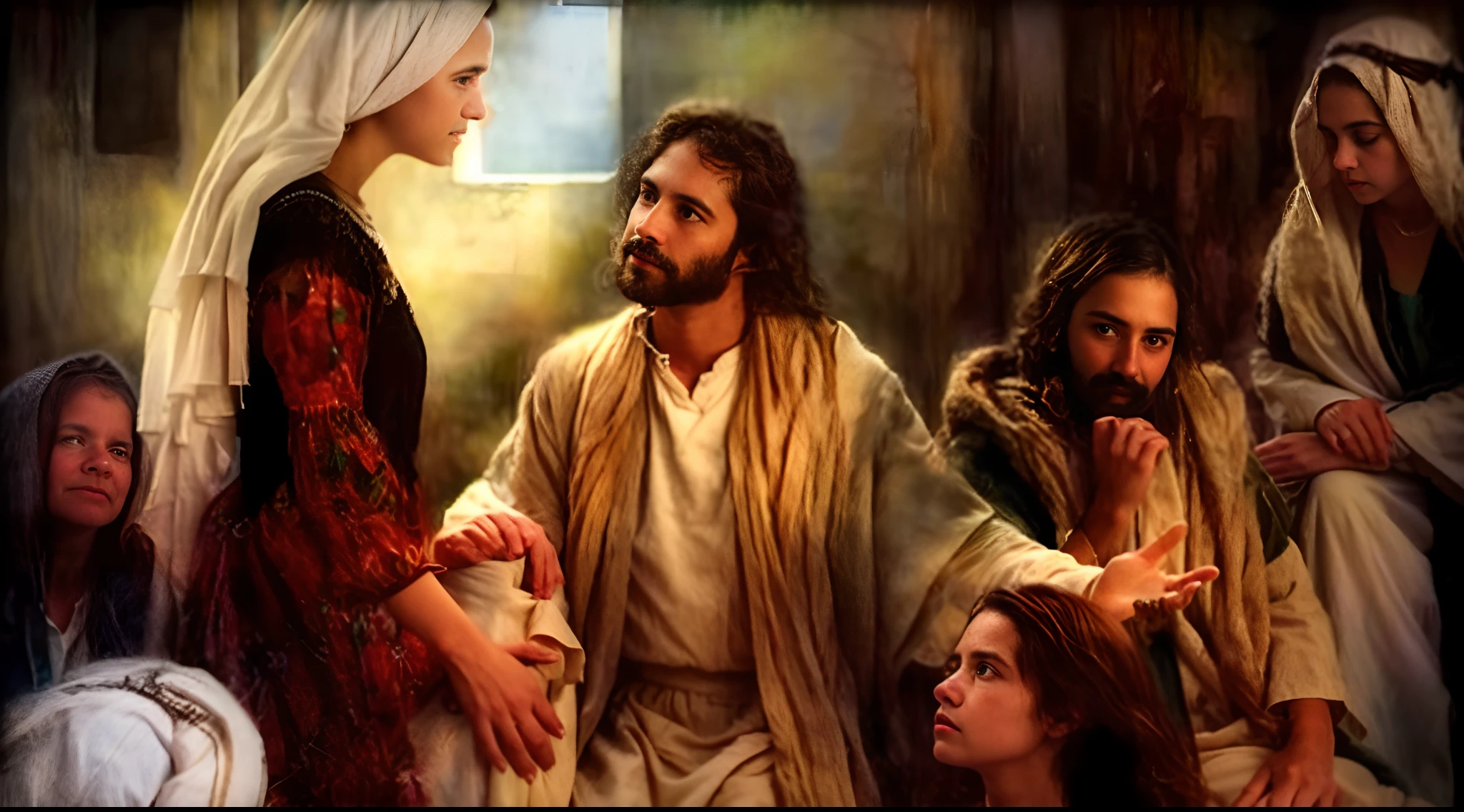 Retrato moderno de Jesus com Marta e Maria, cinematic lighthing, profundidade de campo, Bokeh, Realismo, fotorrealista, hiper-realismo, fotografia profissional, UHD, DSLR, HDR