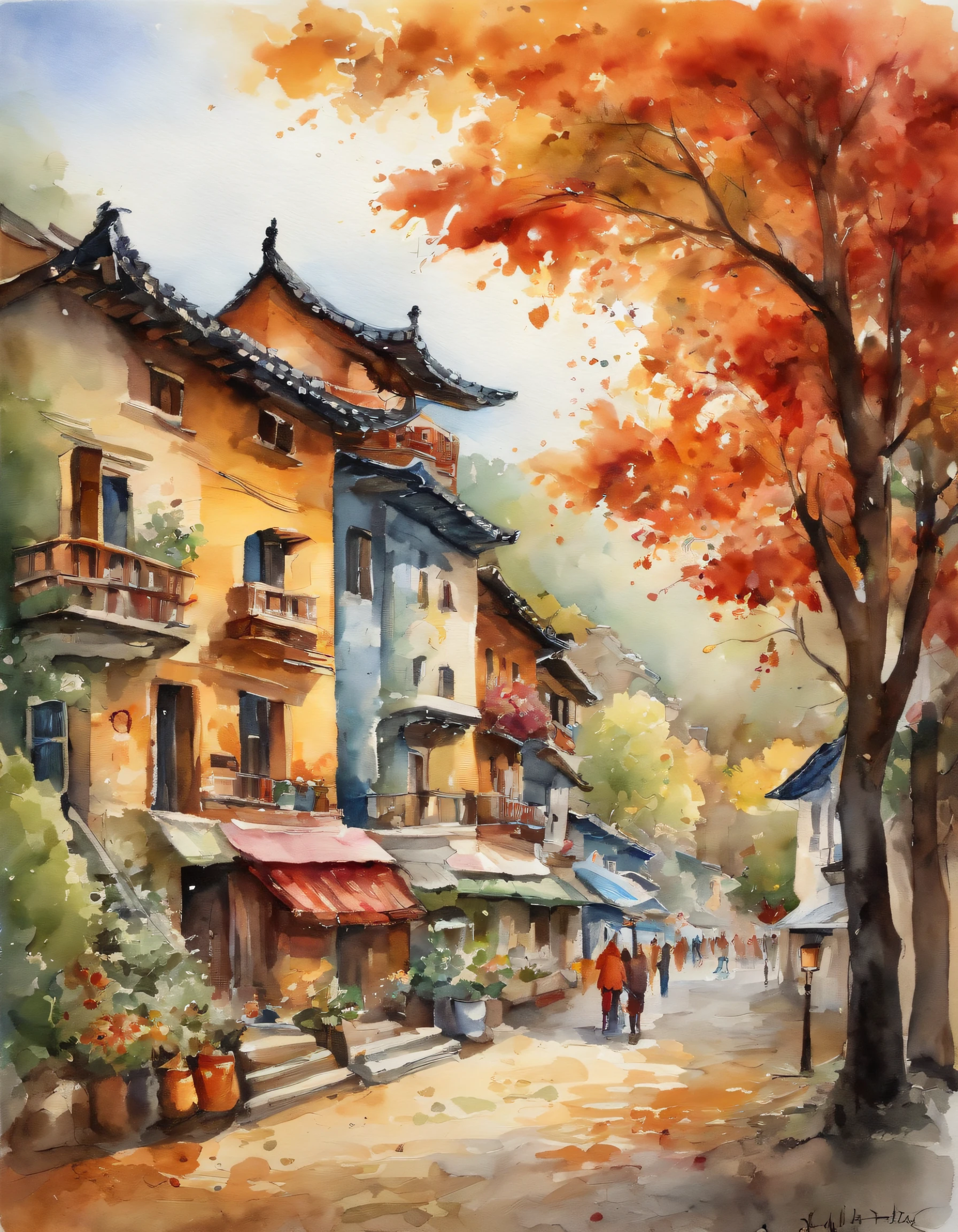 There are many illustrations of cities with colorful leaves, Korea, Seoul, In the style of a vivid cartoonist, fall,, Jack O's lantern, spices, New York School, Robert Monsch, Concept street art, Movie stills 50d, naturalistic depiction of flora and fauna, Playful cartoons