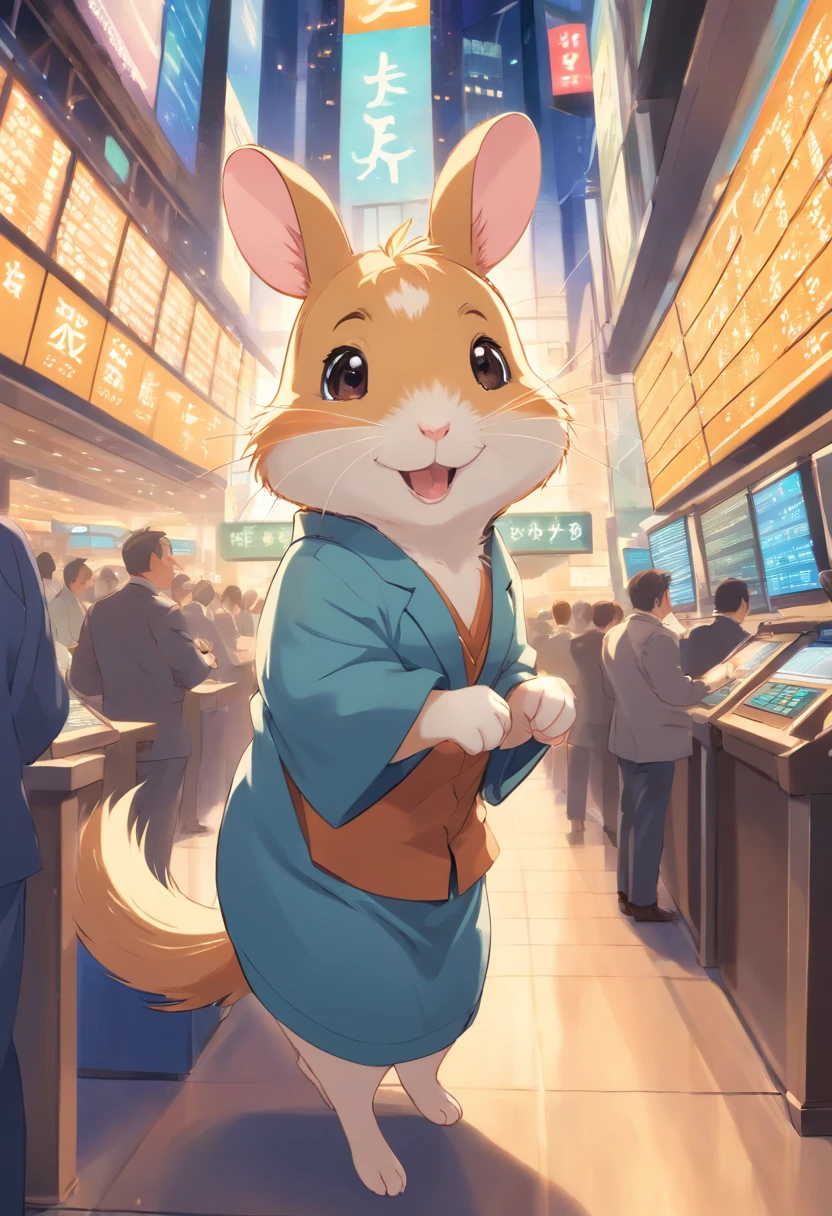 Cheerful hamster smiling and trading on stocks on the stock exchange
