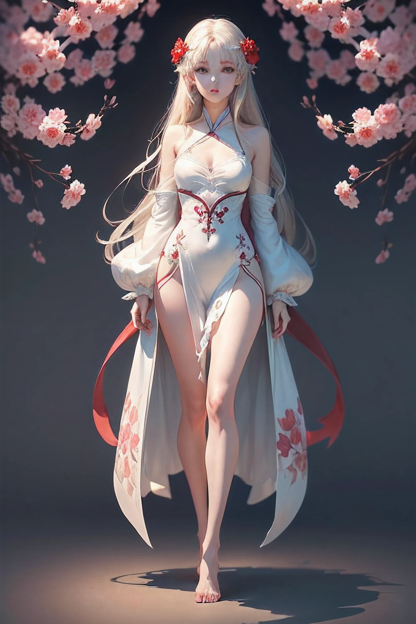 (Masterpiece:1.2, Best quality), (Elaborate Eyes: 1.2), ((1girll)), ((Solo)), (Red eyes:1.4), (Delicate eyes and delicate face:1.3), ( beautiful and clear background: 1.2), (Extremely detailed CG, Super detailed, Best shadows: 1.1), ((Depth of field)), ((aquarelle)), (their: 1.5), (Hanfu: 1.3), long whitr hair, Bare shoulders, Barefoot,(Standing image:1.5),flowers and petals,pretty anime character design, beautiful concept art, (White background: 1.5), (illustration: 1.1), (Extremely delicate: 1.1), (Perfect details: 1.1), (full bodyesbian:1.5)Expose your feet,