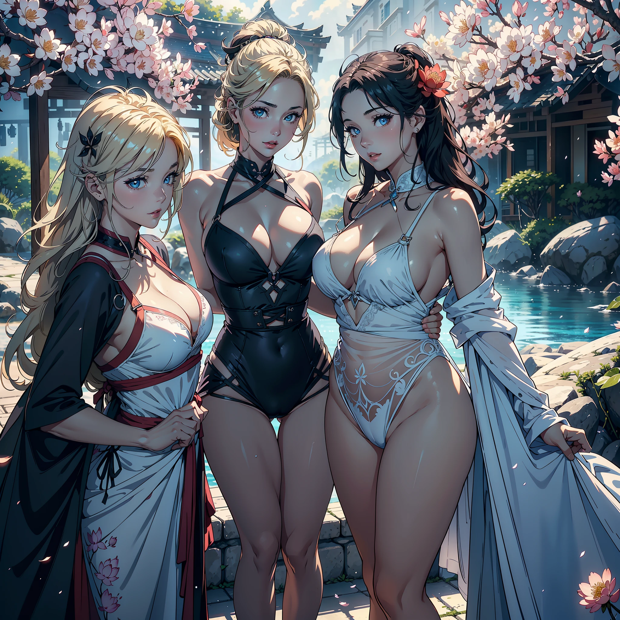 3 females，Stand in a row，Beauty contests，sexyposture，Married Woman，A MILF，熟妇，mature，extremely large bosom，plumw（Background with：Mare，Cherry blossom forest，lotus flower）Lie underwater， She has short blonde hair，cabelos preto e longos，bobo head，seen from the front，mostly cloudy sky，（（（tmasterpiece），（Very detailed CG unity 8K wallpaper），best qualtiy，cinmatic lighting，detailed back ground，beatiful detailed eyes，Bright pupils，Blue eyes，Snow-whiteskin，Redlip（Very fine and beautiful），（Beautiful and detailed eye description），ultra - detailed，tmasterpiece，））facing at camera，A high resolution，ultra - detailed），revealing breasts，Bare genitalia，  Bulge，legs are open，Raised sexy，Camel toes，Desire for dissatisfaction，frontage，（Wearing ： Transparent apron）