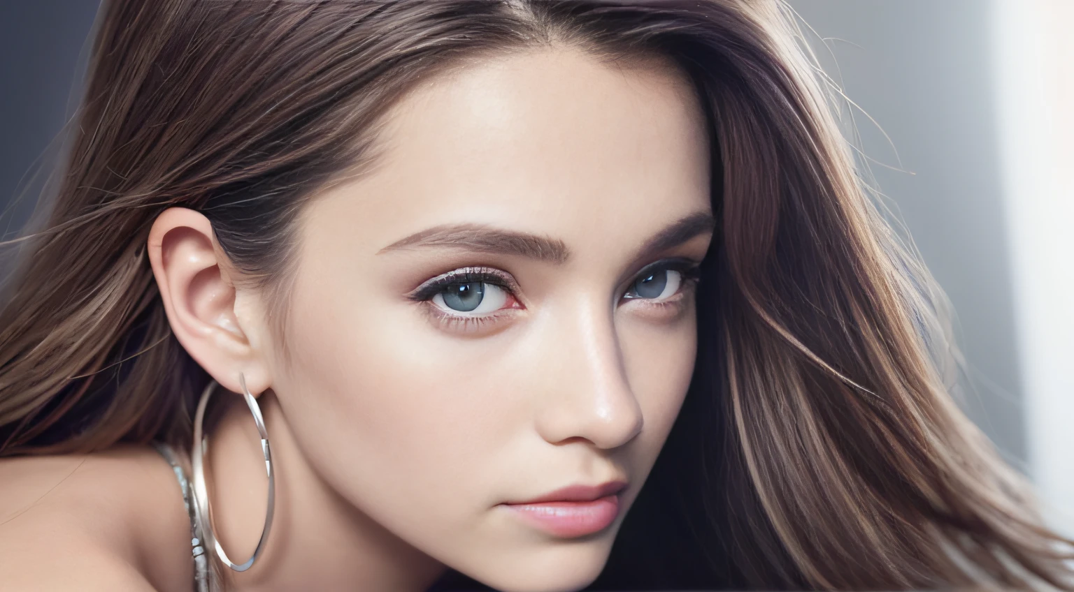 A close-up portrait of a woman wearing silver hoop earrings. Les boucles d'oreilles semblent presque liquides, capturing light in a way that creates a halo of light around his face. His expression is both serious and melancholic, as if she were immersed in deep reflection. Silver hoop earrings add a touch of elegance and sophistication to its overall look. Photo prise par Paolo Roversi avec une Pentax 645Z et un objectif de 90mm, Award-winning style of photography, Studio lighting with softbox and background light, 8K, Ultra-HD, Super-Resolution.