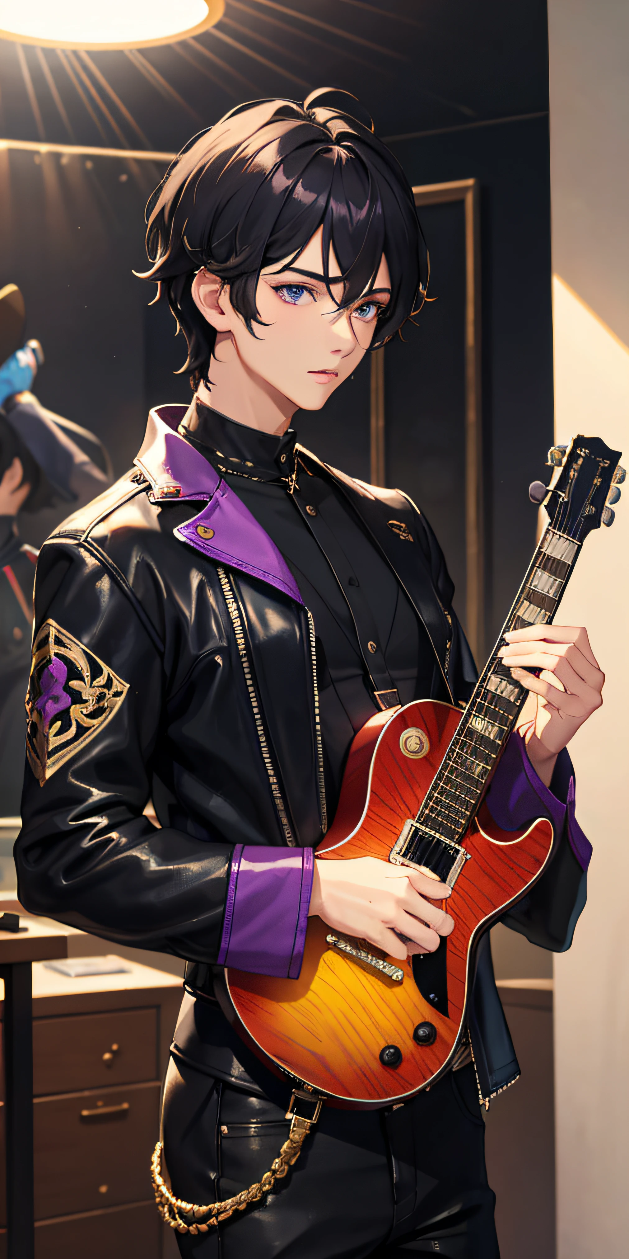 1boys， （cinematric light））， rich colourful， Hyper-detailing， Dramaticlight， intricately details， best qualtiy， Ruffian，Stage background，（the wallpaper， tmasterpiece， best qualtiy， ultra - detailed， Best shadow）， （detailedbackground：1.4）， （Handsome detail face， Handsome and delicate eyes）， hight contrast， （The best lighting， Extremely delicate and handsome）， （shoun：1.5）， 独奏， black leather clothes， Purple eye， Electric guitar， guitar， Earphone， Take it， Hold the paddle， music instrument， long whitr hair， music， one side up， Black color hair，Purple pick dye， playing guiter， ripped jeans， Black shirt， inside in room（（Caustics））， dynamic angle， beautiful detailed glow， full bodyesbian， cowboy lens，