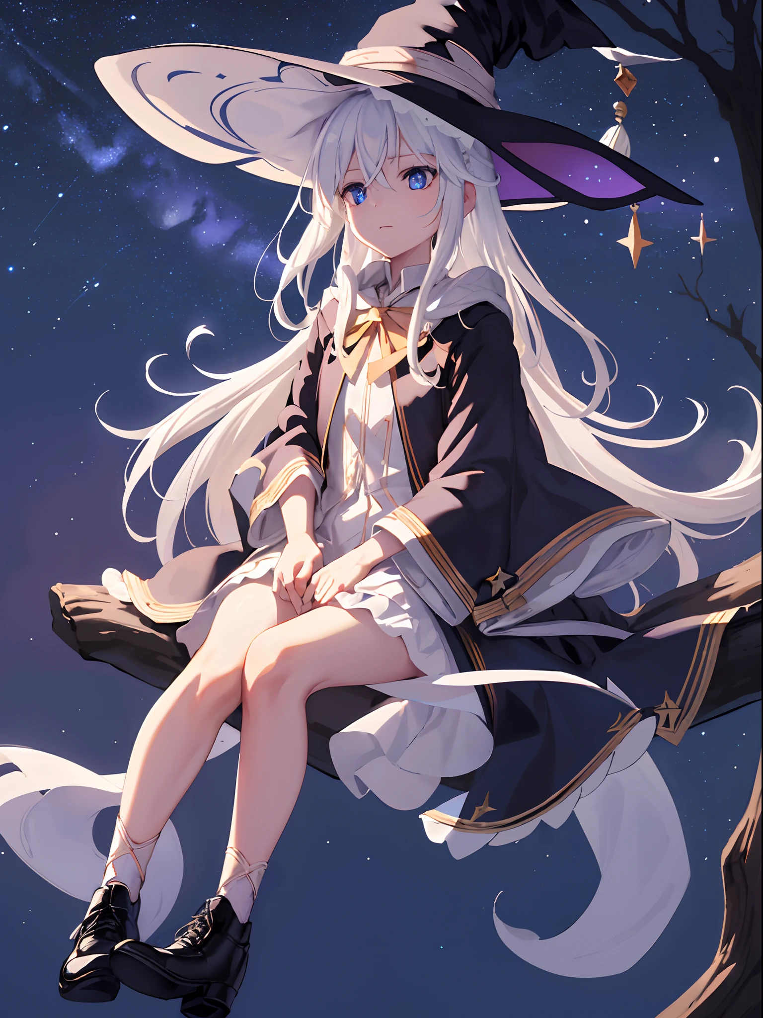 sitting on a tree branch, looking up at the sky, night, space with comets and planets, female uniform, petite body, witch hat, lace-up shoes, white hair, sparkling blue eyes, raising hands to the sky, feeling cool in a galactic landscape, wearing white ribbons, white veils and silk robes