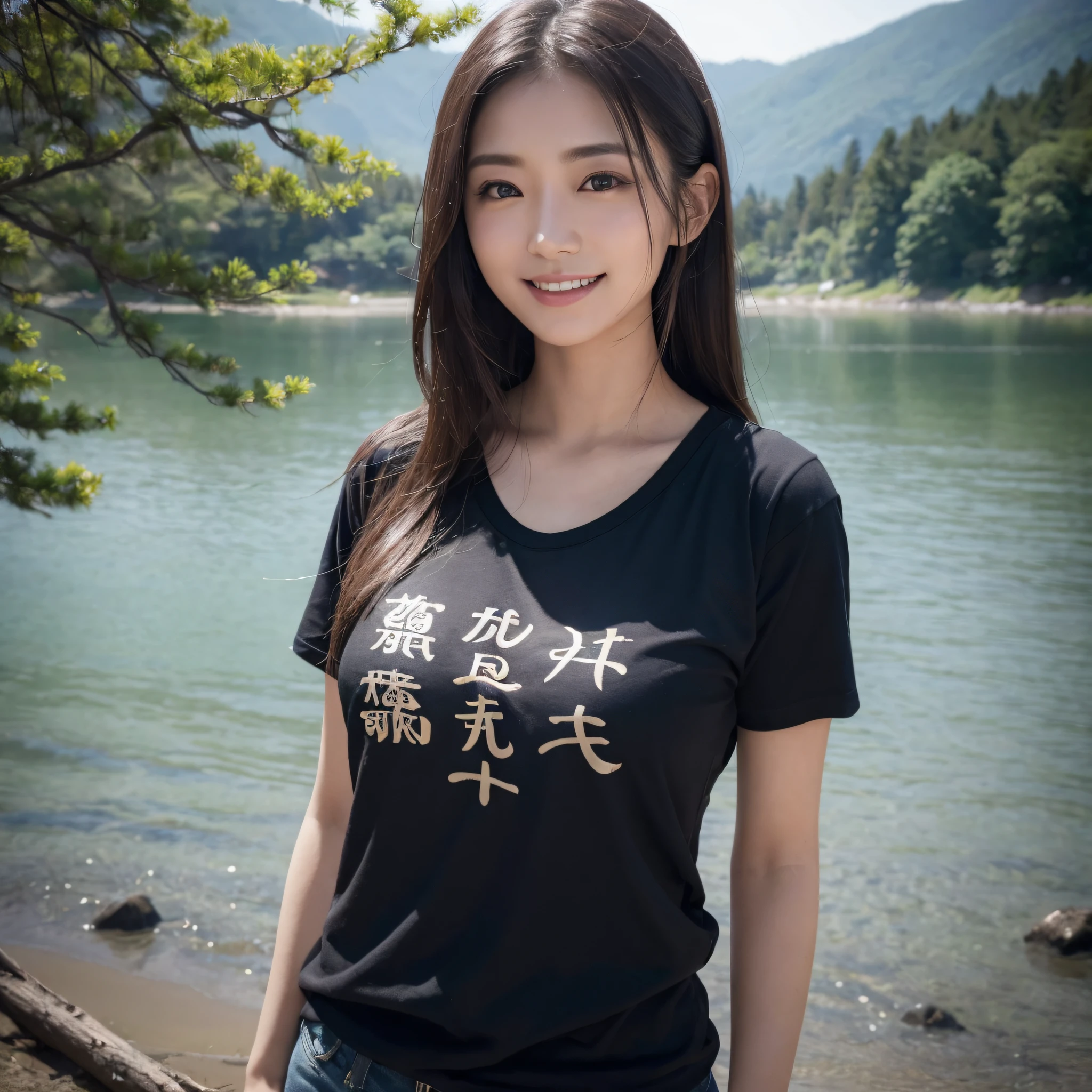 One beauty、((best qualtiy、8k masterpieces:1.3))、foco nítido:1.2、(ultra beautiful faces:1.0)、(shinny skin:1.0)、photos realistic、A dark-haired、Video Lighting、High-definition eyes and face、Video Lighting、25-year-old Japan actress、from the front side、medium breasts、Smile、Slender Abs Beauty、Whole body、Wearing a T-shirt with Japan kanji written on it、On the shores of the lake of fog