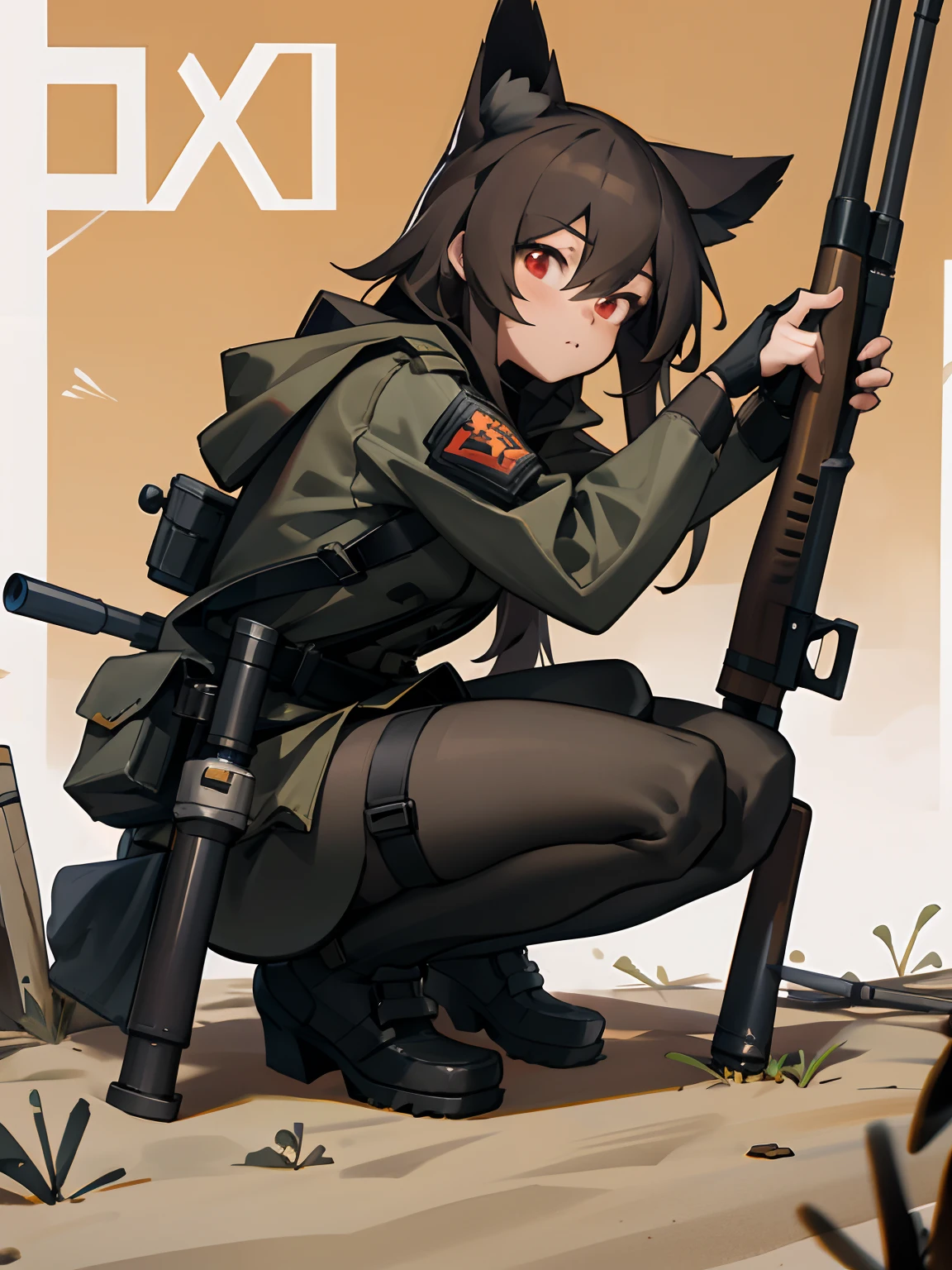 (1girl), solo, cat ears, brown hair, glowing red eyes, long hair, black hooded trench coat, tactical, military, pouches, absurd resolution, super high quality, highly detailed, wasteland, dusty desert, humid atmosphere, drop leg gear, equipment, militia, stockings, squatting, crouched down, low stance, side view, kneeling, Ana from overwatch, aiming down scope, aiming with rifle, sniper rifle, sniper stance