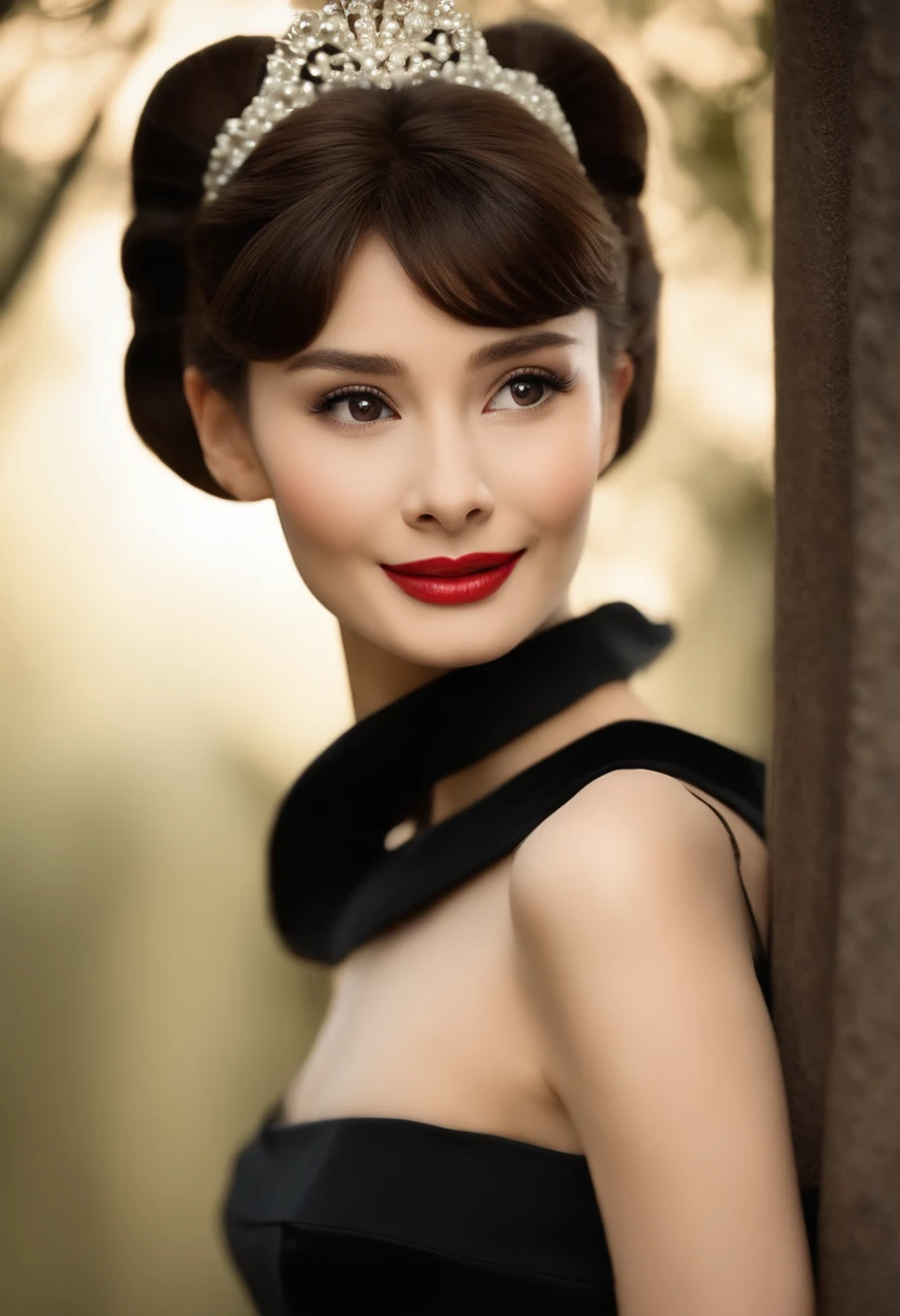 (Audrey Hepburn:1.3), (A very beautiful and beautiful Japanese woman), (Sexy girl), (Professional attire:1.3), (22 years old: 1.1), (Walk the red carpet:1.3), (Attractive random poses:1.3), (Royal party at night:1.3), (looking straight at you:1.3), (stare at you:1.3), (Front view:1.3), (From the side Side:1.3), Break, (pony tails:1.3), (Shiny black thinning hair:1.2), bangs, Dark brown eyes, Beautiful eyes, Princess Eyes, (Big eyes:1.3), bangs, wears glasses:1.3, hair between eye, Short hair:1.3, (Slender:1.1), (small-medium sized breasts:0.95), (Thin waist: 1.15), (detailed beautiful girl: 1.4), parted lip, Red lips, Full makeup, (Shiny skin), ((Perfect female body)), (Upper body image:1.3), Perfect anatomy, Perfect proportions, (The most beautiful Korean actress face:1.3, Extremely cute and beautiful Japanese actress face:1.3), Break, (View viewer, Wearing cute bitch ropes, (Crazy meticulous yellow camisole dress:1.3), (White cyborg armor:1.3), (Pin-heels:1.3), Detailed clothes, Break, (Detailed royal night party background:1.2), (Dark background), (Soft studio lighting: 1.3), (Fake lights: 1.3), (Backlight: 1.3), Break, (Realistic, Photorealistic: 1.37), (Masterpiece, Best quality: 1.2), (超高分辨率: 1.2), (RAW photo: 1.2), (Sharp focus: 1.3), (Face focus: 1.2), (Ultra detailed CG unified 8K wallpaper: 1.2), (Beautiful skin: 1.2), (Pale skin: 1.3), (super sharp focus: 1.5), (super sharp focus: 1.5), (Beautiful pretty face: 1.3), (Super detailed background, detailedbackground: 1.3), Ultra Realistic Photo, Hyper Sharp Image, Hyper Detail Image,