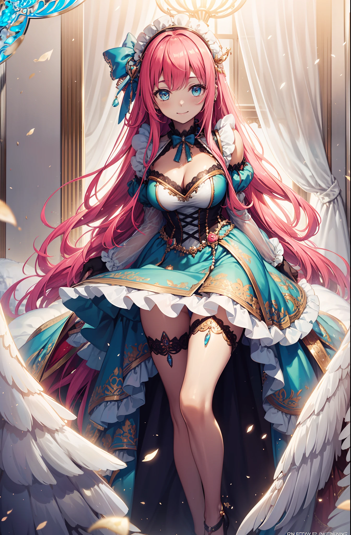 (Best quality, A high resolution, Textured skin, High quality, High details,Extremely detailed CG unity),teens girl,Enchanted,Divine happiness,Being in love,(Light Victorian dress:1.2),Pink hair,eBlue eyes,(Fabric headdress),Maximalism,Multiple layers of delicate ruffles,Lots of lace,Multi-colored cloth,Delicate embroidery,Delicate pattern,Fabric headdress,exquisite costumes,see-through transparent clothes,Bedrooms,the night,glittery,(Dazzle:1.3),Movie lighting,the night,solo person,Fluttering skirt,Maid folds,A sweet smile,Proper noise reduction