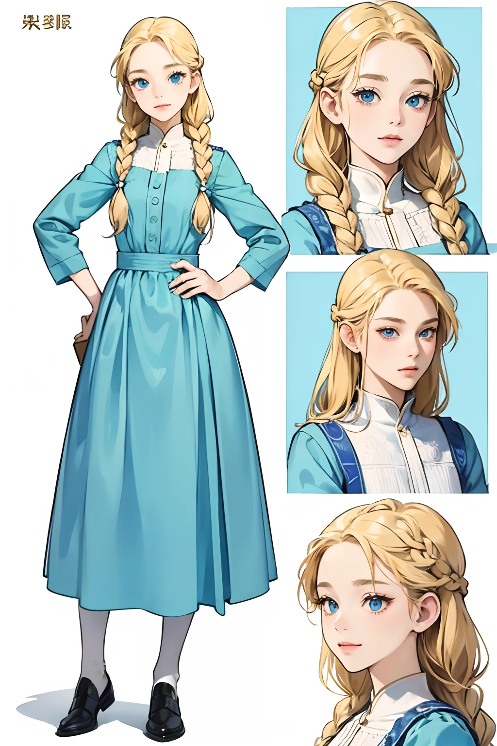 Vintage Ghibli style，A young girl with blonde hair tied into simple braids all over her body，Wear a simple blue and white dress，Carefully look at the blue eyes，Perfect good-looking face，The same person，character sheets，White background --niji 5 --auto