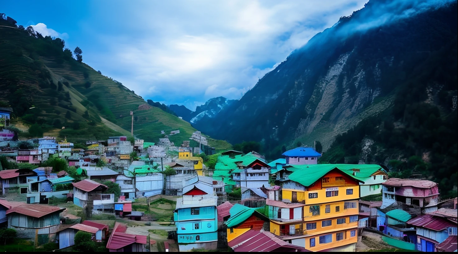 a view of a village with colorful houses in the mountains, city of pristine colors, colourful, colour, tourist destination, colorful picture, uttarakhand, ( visually stunning, trending, tourism, rich colourful, trendy, highly stylized, beautiful scenery, top, beautiful place, 8k)), beautiful, breathtaking look, travel, breath taking, very beautiful scenery, far view