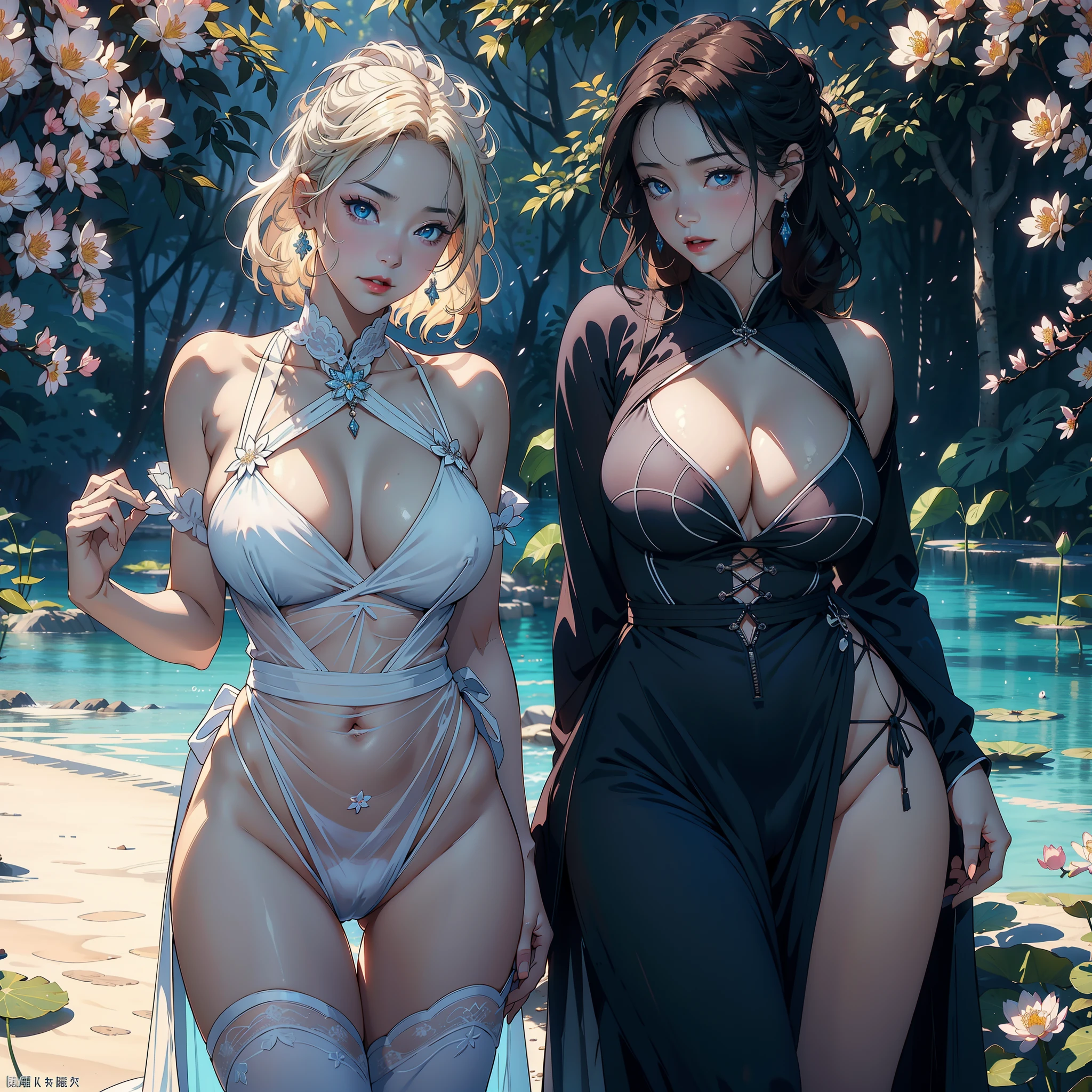 3 females,Stand in a row,Beauty contests,sexyposture,Married Woman,A MILF,熟妇,mature,extremely large bosom,plumw(Background with:Mare,Cherry blossom forest,lotus flower)Lie underwater, She has short blonde hair,cabelos preto e longos,bobo head,seen from the front,mostly cloudy sky,(((tmasterpiece),(Very detailed CG unity 8K wallpaper),best qualtiy,cinmatic lighting,detailed back ground,beatiful detailed eyes,Bright pupils,Blue eyes,Snow-whiteskin,Redlip(Very fine and beautiful),(Beautiful and detailed eye description),ultra - detailed,tmasterpiece,))facing at camera,A high resolution,ultra - detailed),revealing breasts,Bare genitalia, Bulge,legs are open,Raised sexy,Camel toes,Desire for dissatisfaction,frontage,(Wearing : White transparent apron)