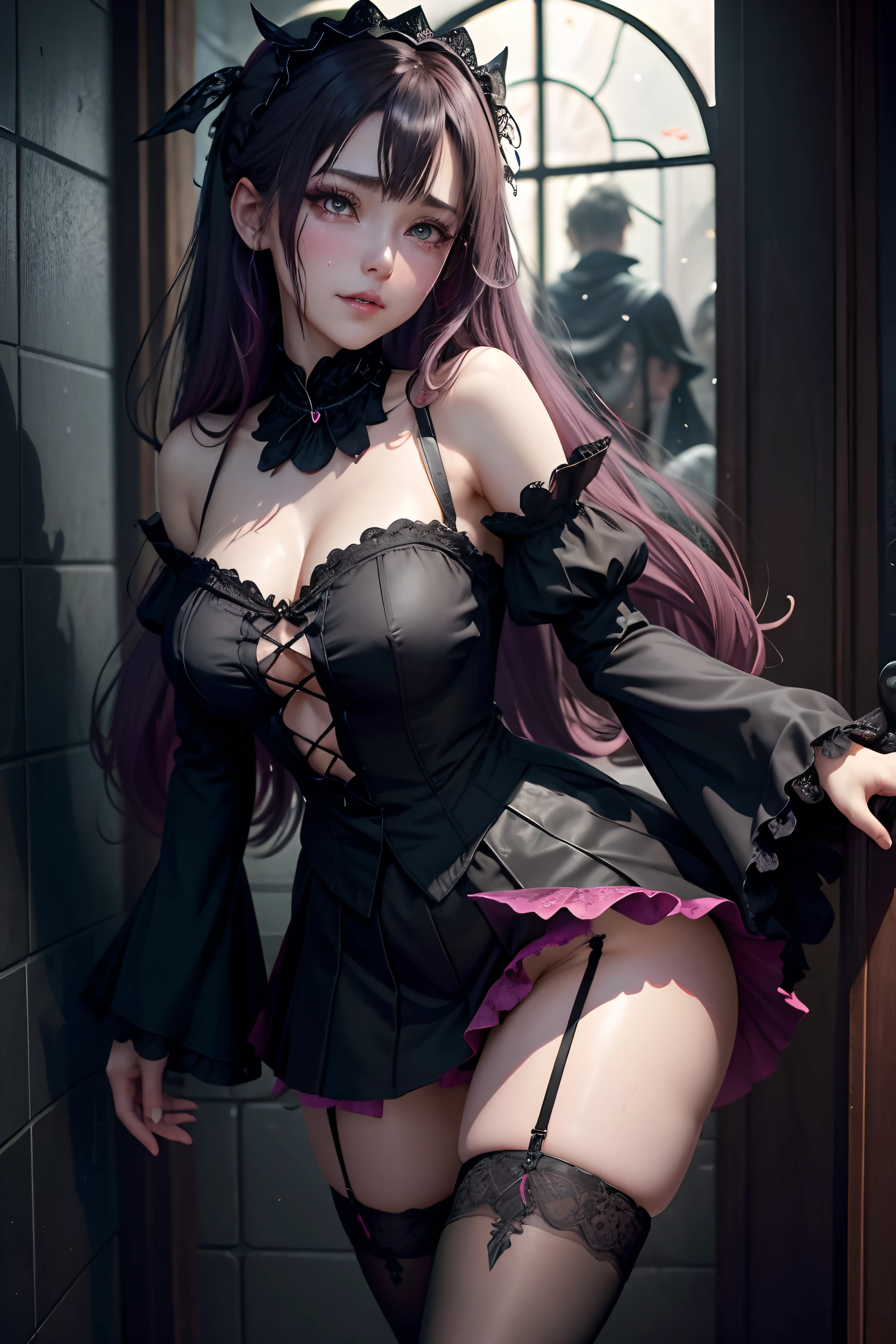 A sexy、A slight smil、garterbelts、knee high socks、panthyhose、Beautifying the world、Unhappy、Lament my night's fantasy、Transcendent beauty、Beautiful shape、wretched、ghosts、wraiths、Evil Spirit、Beautiful、boredom、Unusual beauty、Bewitching、Fornication、Hard Dark Gothic Makeup、Maniacal、Deep night sky、horor、twin-tail hair、Black Dark Eyeshadow、slaves、crying how bright、mourn、Sad songs、Good skin luster、Lace pink、Long hair straight hair、Dark Gothic Makeup、Dark smile、Restless Palace、Expressions of sexual arousal、Fragrant beauty、age19、carriage、Lying、seductiv、Strong sexual pleasure facial expressions、A look of shame、open one's legs、Dark Gothic、Gothic Long Dress、Gothic ta、bright pink hair、masturbation、bell sleeves、Wizard Sleeve、Obscene look、Stained glass background、masutepiece、Best Quality、Ultra-detailed、Refers to 5 books、Sweat glitters on my chest、Glitter of sweat on your face、Glistening with huge amounts of sweat on my thighs、Expression of sexual pleasure in anguish、I'm sweating a lot、Drunken face、maid clothes、Nasty Woman、Mysterious、noble、Face holding back the toilet、Goth lolithes、Black pretend skirt、from below looking up、to stand、The body is wet and shiny、Has a transcendent sex appeal、Sexy poses、