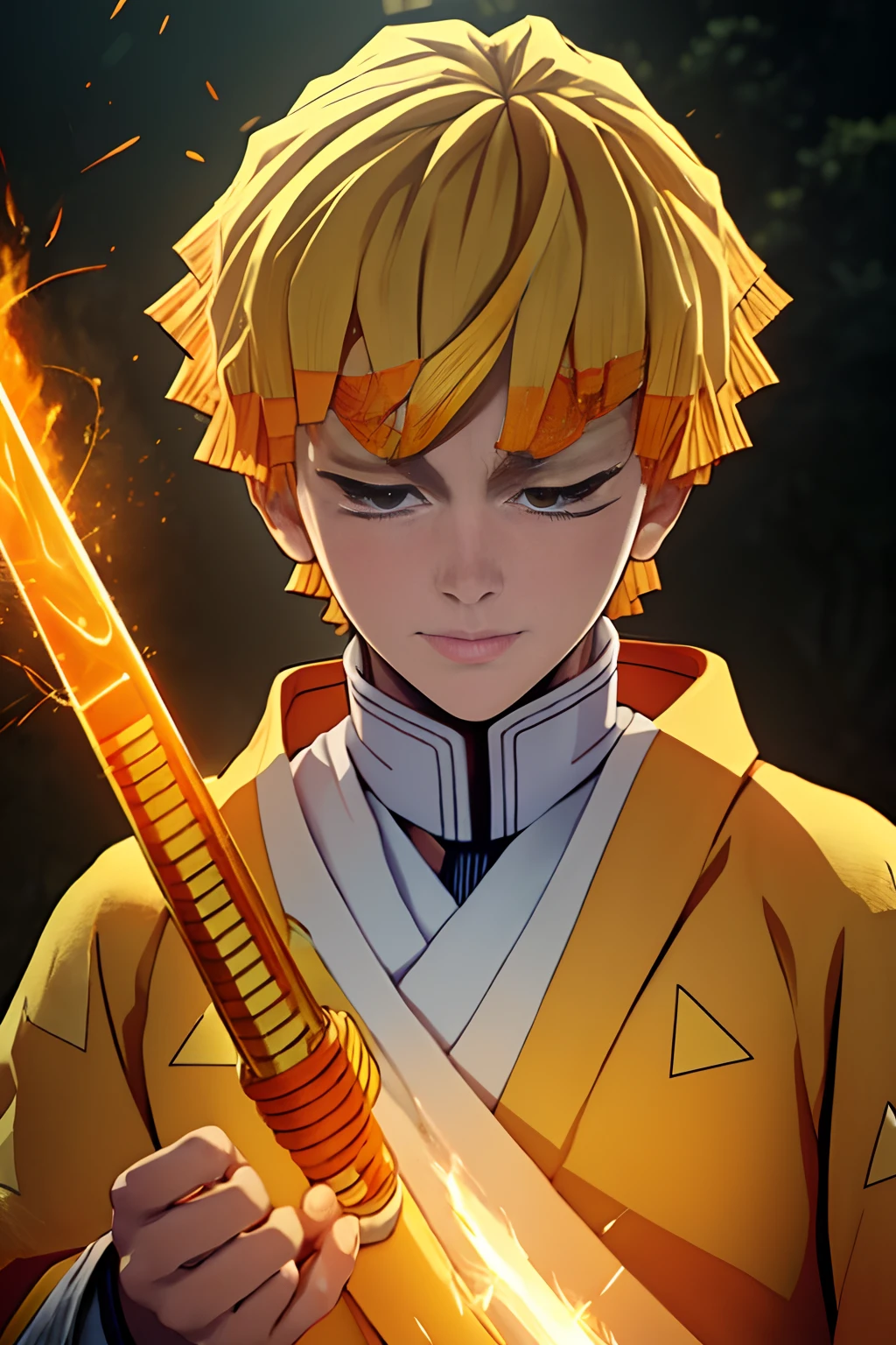 "Create a digital art image in Niji style. The image should have a colorful and vibrant appearance with a lot of details. The subject of the image should be a young man with blonde hair and a yellow and orange cloak. The young man should be holding a sword with a golden handle and a white blade. The young man's cloak should be covered in orange and yellow triangles. The background should be a dark orange color with sparks of light surrounding the young man. The young man's eyes should be closed, and he should appear to be concentrating."