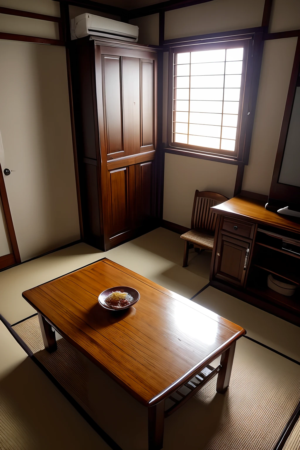 ((low angle:1,5)),((look up:1,5)), ((large chest of drawers or wardrobe:1,5)), Backlighting, Dark, old traditional house, Home video, subjective, miscellaneous, messy,((A room with curtains drawn closed)),Decorated curtains,((Tatami:1,3)), ((low table)),((small room:1,3)),((Buddhist altar)),((a room with no incoming light)), ((blackout curtains)), cluttered,hardwood flooring, ((narrow hallway)),((Small room)), Carpet, rug mat, kitchen cabinet, Showa-era retro, rental housing, cluttered, decadent, dilapidated, wooden house, typical Japanese home, intricately crafted doors, antique three-tiered box,((TV)), ((air conditioner)), ((low table)), tea cup and snacks on the low table, indoor drying, ((laundry hanging in the room)), Hanging up clothes to dry,sliding doors (fusuma), curtains, windows, fixed telephone on the three-tiered box, bookshelves