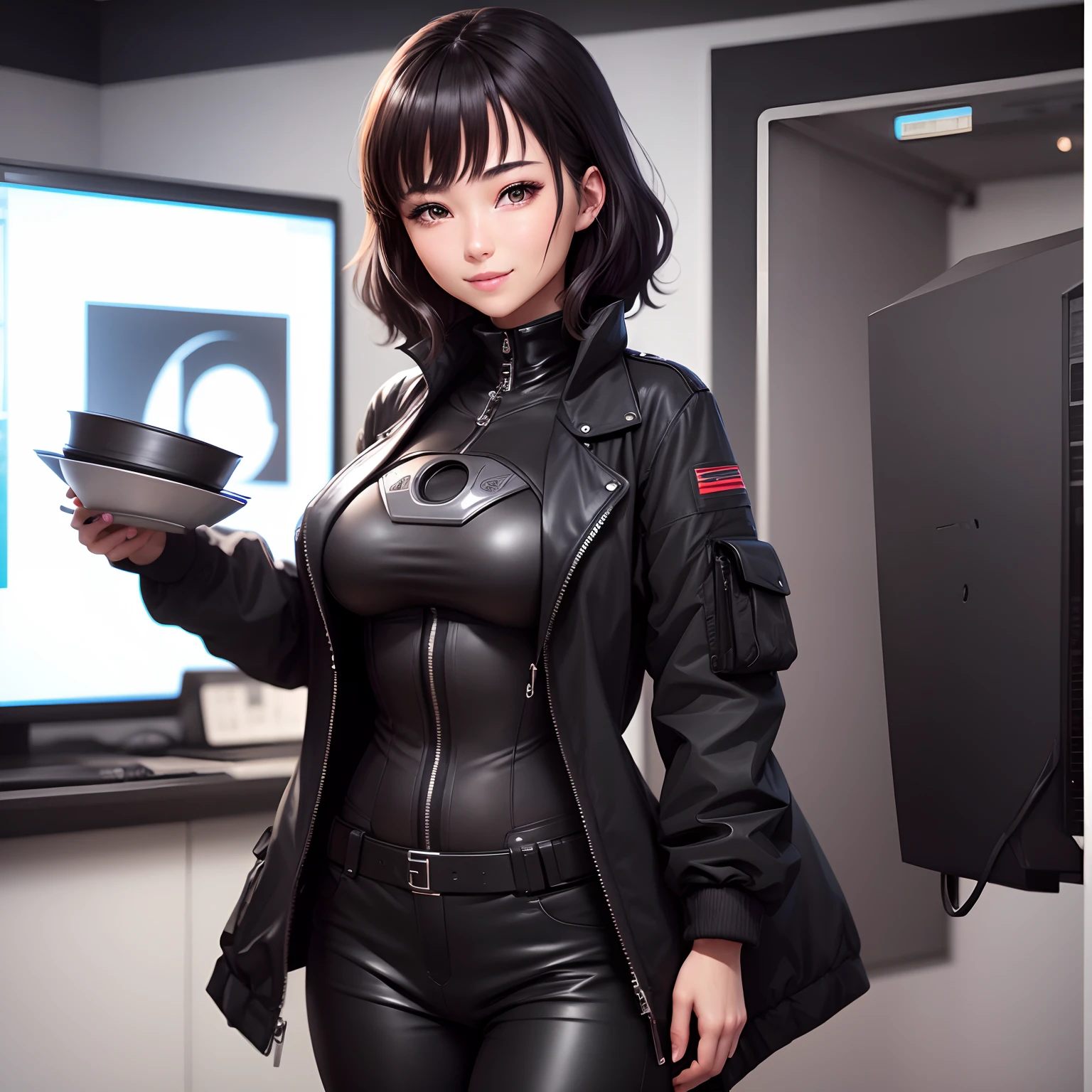 Best Quality、A dark-haired、20yr old、huge tit、Black jacket、Black pantsuit、Smiling、Extremely Detailed CG Unified 8k Wallpaper,vivid colors、s Office