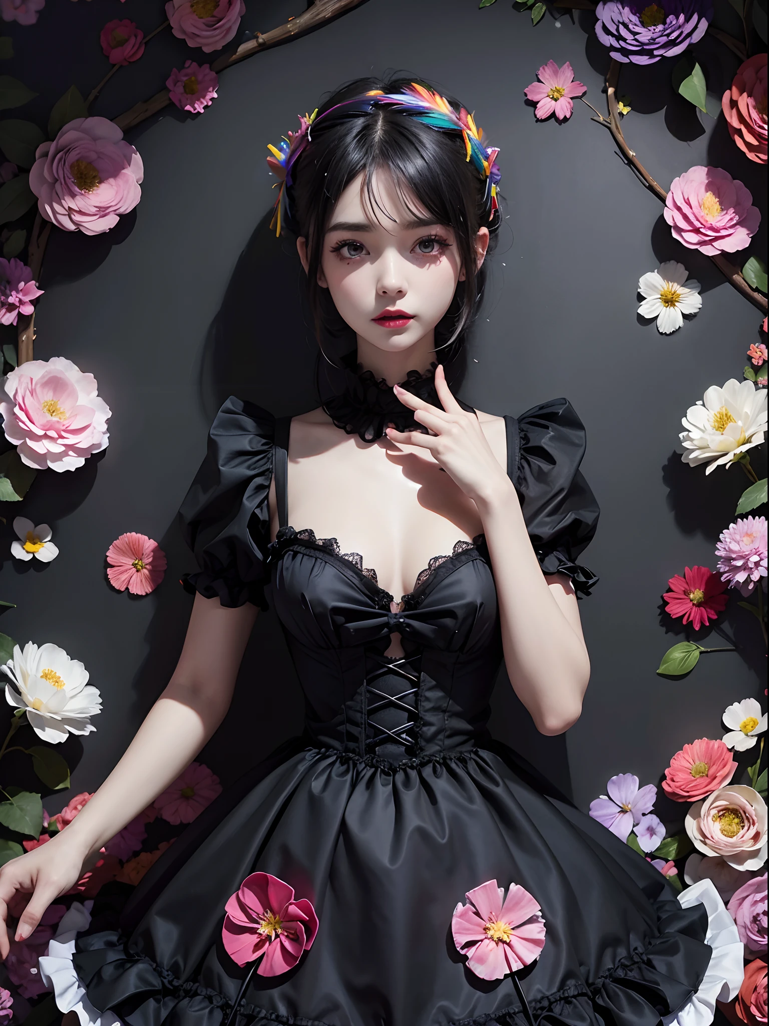 masterpiece, best quality,1girl,gothgal,frilly dress 8k,highres, ( flower_styler:1.2)(rainbow-candy:1.2)