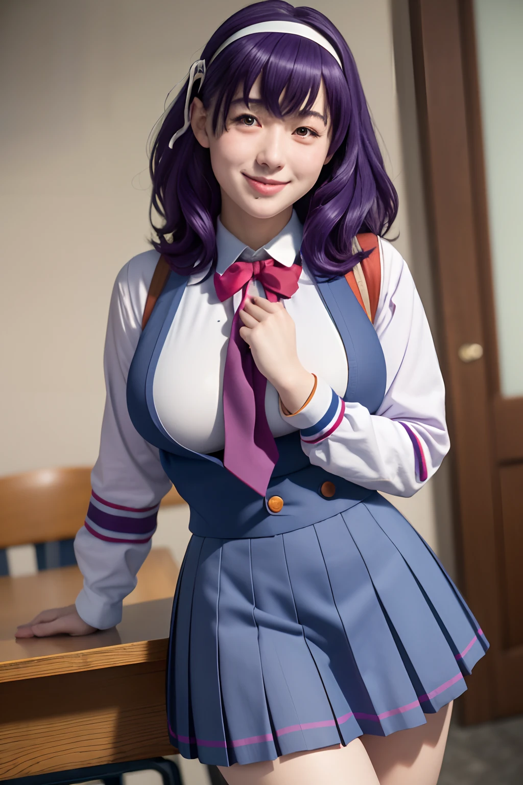 (best quality:1.1), (masterpiece:1.4), (absurdres:1.0), portrait,
1girl,yamanobe tomo, purple hair, red eyes, medium hair, huge breasts, (school uniform:1.3), blue skirt, hairband, looking at viewer, classroom, (blush:1.1),on d850 film stock photograph 4 kodak portra 400 camera f1.6 lens rich colors hyper realistic lifelike texture dramatic lighting unrealengine trending on artstation cinestill 800 tungsten, smile