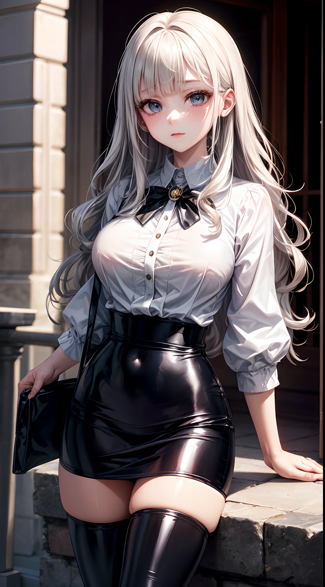 realisitic、top-quality, 1woman, silver wavy hair, blunt bangs, shy ((white blouse)) ((black PVC mini skirt)) big breasts