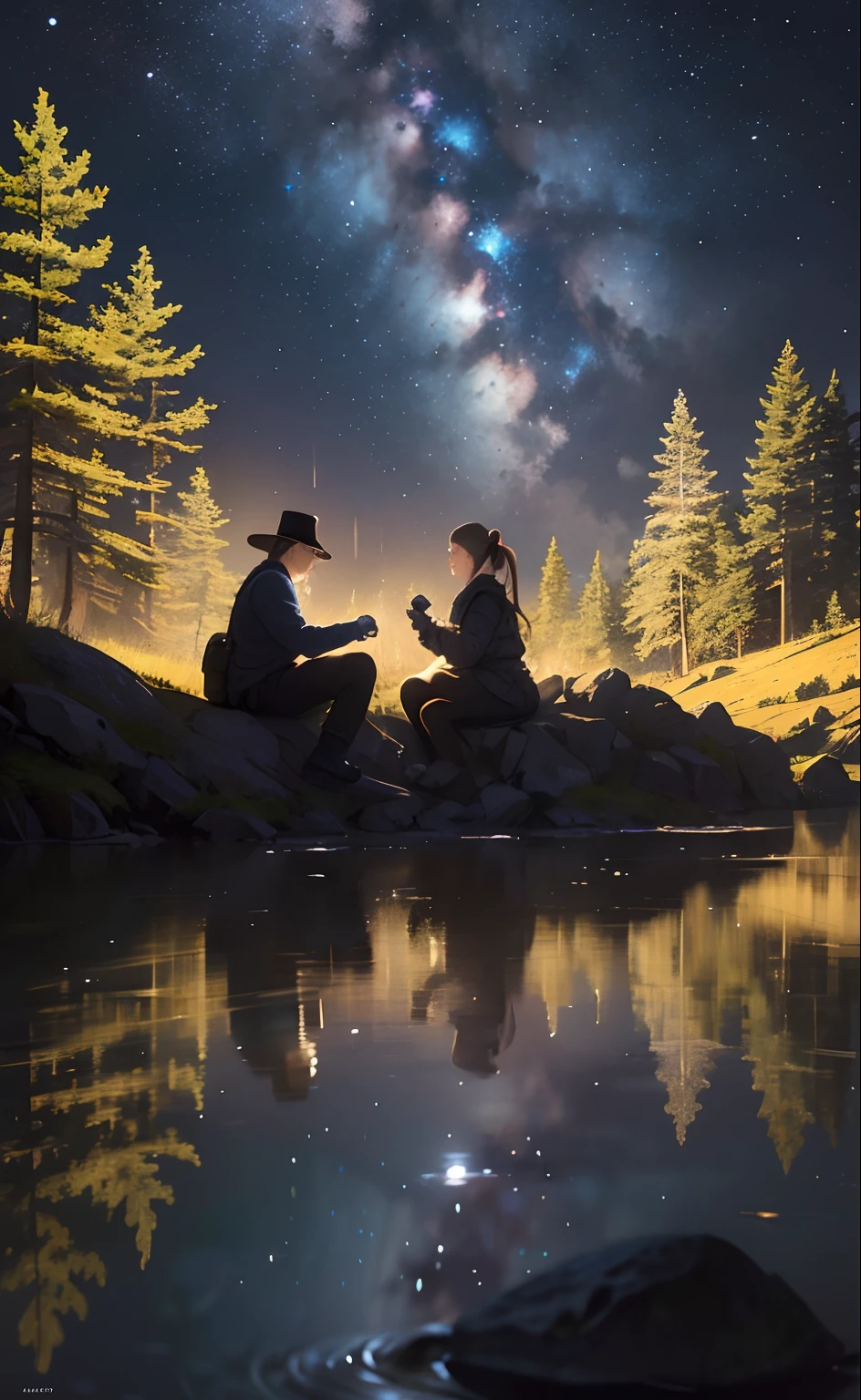 masterpiece, best quality, ultra-detailed, illustration, girl and boy, couples, outdoors, camping, night, mountains, nature, stars, moon, twin ponytails, green eyes, cheerful, happy, backpack, sleeping bag, camping stove, water bottle, mountain boots, gloves, sweater, hat, flashlight, forest, rocks, river, wood, smoke, shadows, contrast, clear sky, constellations, Milky Way, peaceful, serene, quiet, tranquil, remote, secluded, adventurous, exploration, escape, independence, survival, resourcefulness, challenge, perseverance, stamina, endurance, observation, intuition, adaptability, creativity, imagination, artistry, inspiration, beauty, awe, wonder, gratitude, appreciation, relaxation, enjoyment, rejuvenation, mindfulness, awareness, connection, harmony, balance, texture, detail, realism, depth, perspective, composition, color, light, shadow, reflection, refraction, tone, contrast, foreground, middle ground, background, naturalistic, figurative, representational, impressionistic, expressionistic, abstract, innovative, experimental, unique wallpaper