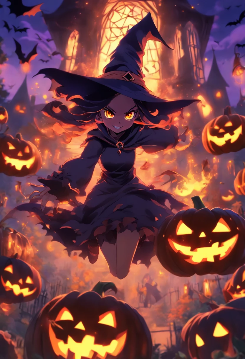 (girl,named:witch,pumpkin:1.2,carving:1.1),spooky jack-o'-lantern,witch's hat,pointy hat,witch's broom,full moon,haunted house,night sky,witch's cauldron,flying bats,black cat,witch's cloak,witchcraft potion,dark and mysterious,halloween decorations,creepy atmosphere,spellbinding magic,glowing eyes,scary laughter,witch's spell,cackling laughter,halloween night,enchanted forest,dark shadows,eerie glow,mystical spells,ghostly apparitions,witch's coven,witch's brew,witchcraft and wizardry.