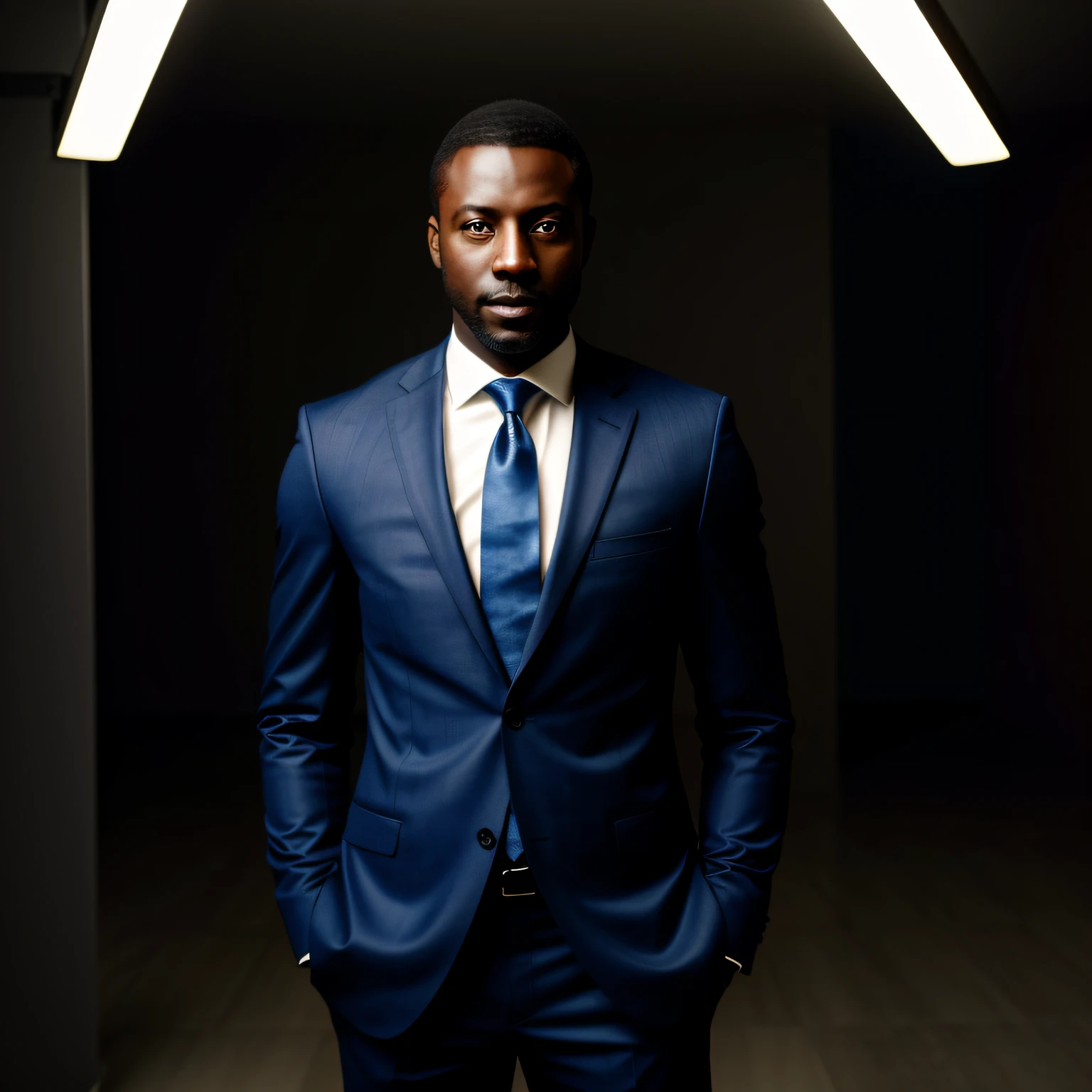 a dark skinned African Man standing with 30 years in suit and tie, body and head straight in the photo, facing the viewer of the photo, eyes fixed to the lens, appears shoulders and head in the photo, man centered in the photo, 8k, best quality, masterpiece, realistic, realistic photo, movie photo, ultra realistic, 1 person, detailed, perfect lighting,  DSRL, professional photo, 4k