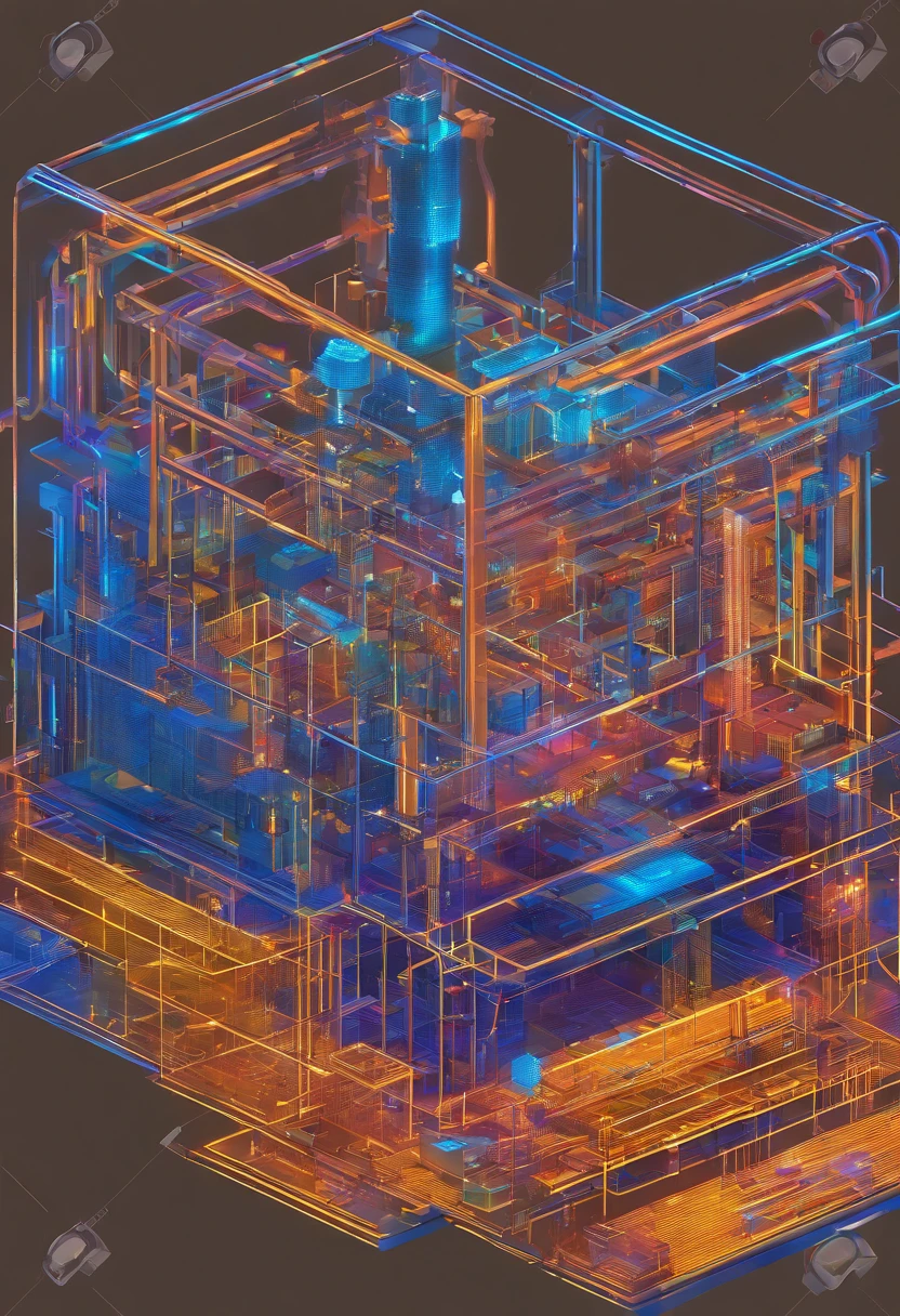 Blueish, hi-tech Industrial IOT network hologram in vector art style.