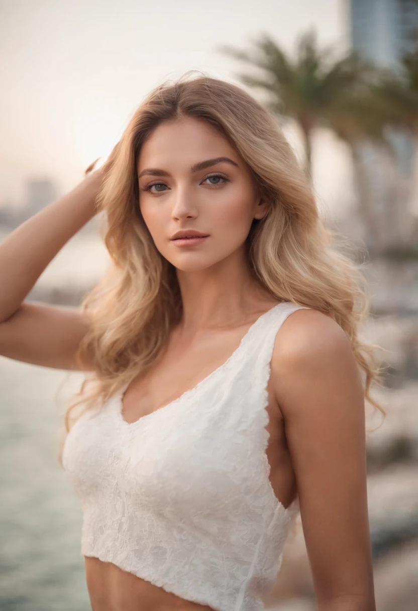 Sexy woman, 20 years old, Slim, sport, Tanned skin, Big breasts, Narrow waist, curly blond hair, Instagram model, Realistic, instagram picture, Photography, realisitic, Natural. View of Dubai, Tall hands brush his hair behind his head