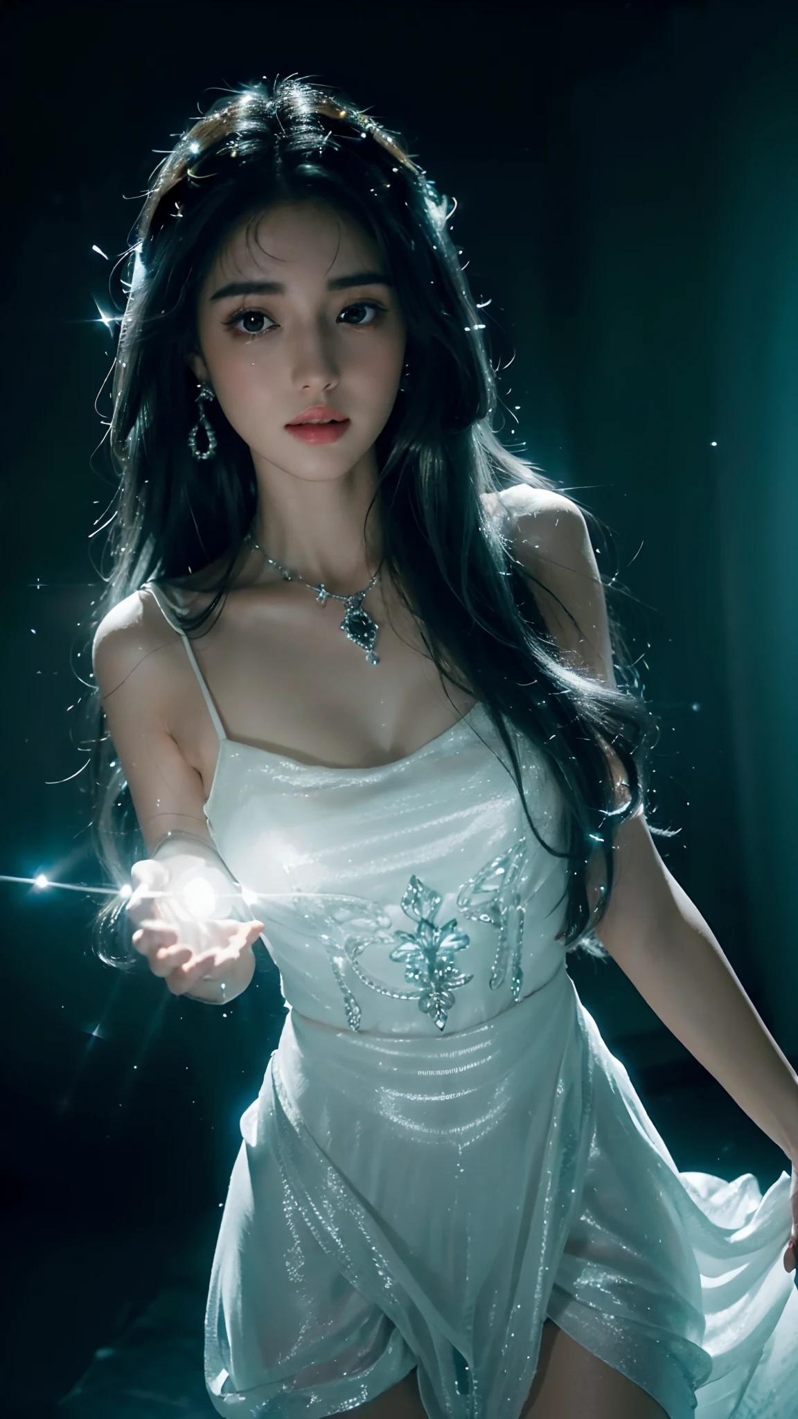 (4K:2.0), (ultra hd), Masterpiece, ((1girl)), beautiful face, (glowing face:1.5), detailed eyes, (ultra long flowing hair:1.5), (black and grey mixed hair color:1.2), crystal hair ornaments, earrings, necklace, (very beautiful:1.5), white dress, (glowing dress:1.5)) bare thigh, glowing lace:1.2 shining dress:1.2, magic ball glowing, jewellery, (soft light:1.5), (spreading lights:1.5), beautiful bright glowing, low lighting, dark room, (complex shadow:1.2), , looking at viewers,