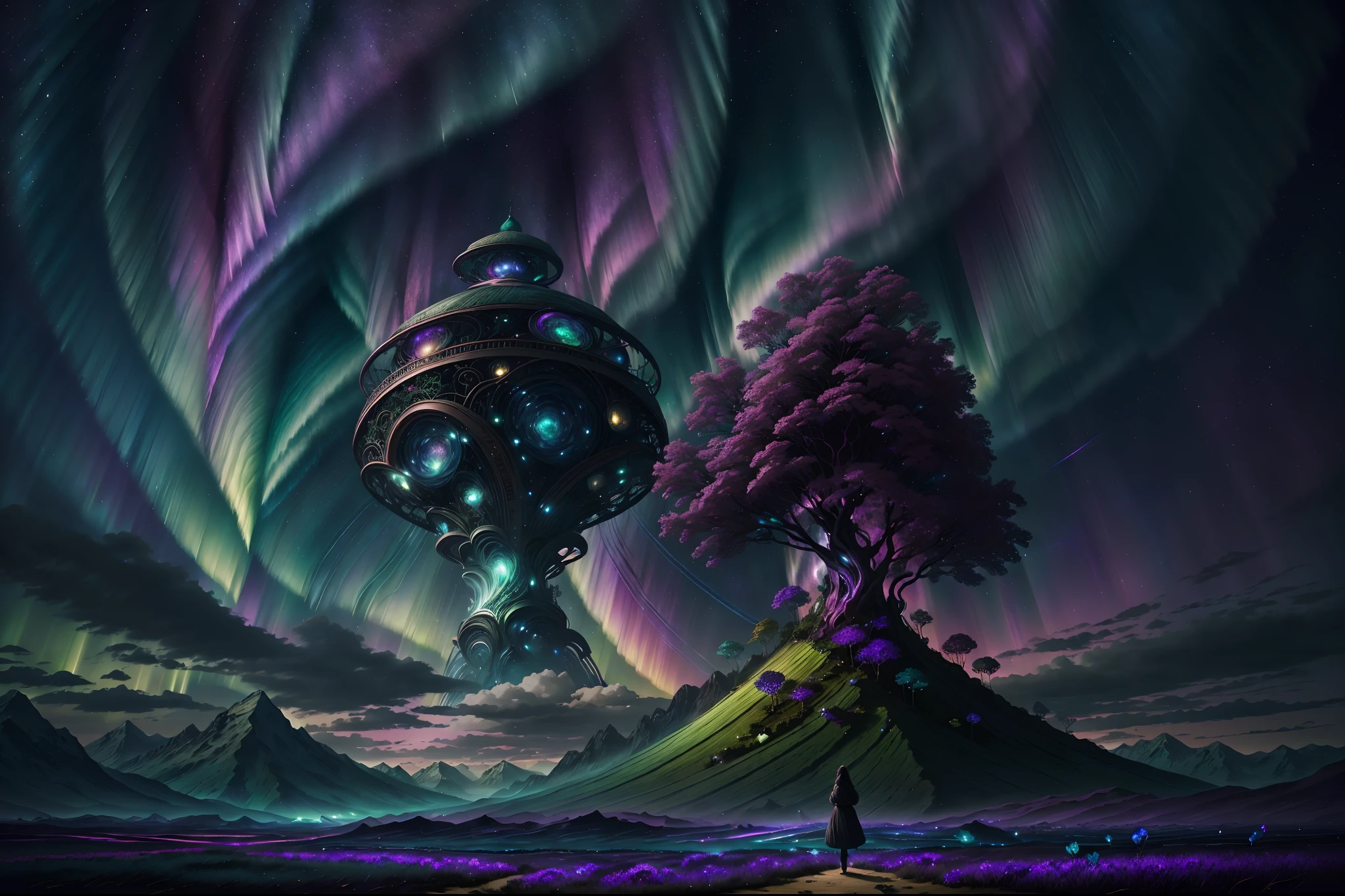 An awe-struck Aurora Witness, gazing up into a mesmerizing sky filled with kaleidoscopic lights of greens, blues, and purples, as the surreal colors merge and blend to create an otherworldly visual symphony, evoking a sense of intense curiosity and euphoria. Spectrolite, orchid, flowervirus, fantasy00d.