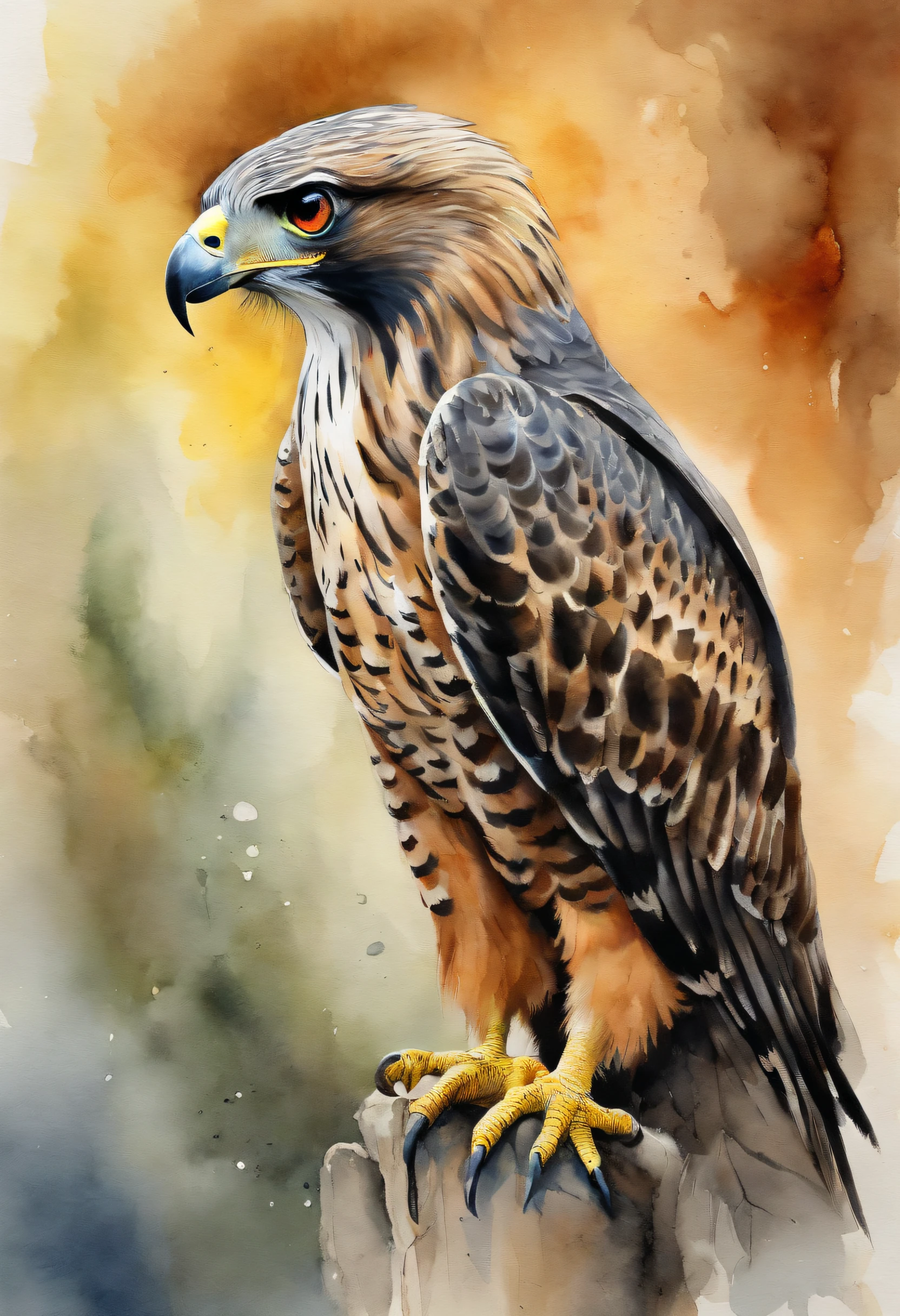 painting of a hawk with a red - tailed tail and yellow eyes, masterful detailed watercolor, watercolor painting style, beautiful painting of a tall, falcon bird face, watercolor detailed art, realistic watercolour, watercolour realistic, watercolor painting, art of alessandro pautasso, detailed watercolor painting, rich aquarel, animal portrait, animal painting, watercolor digital painting