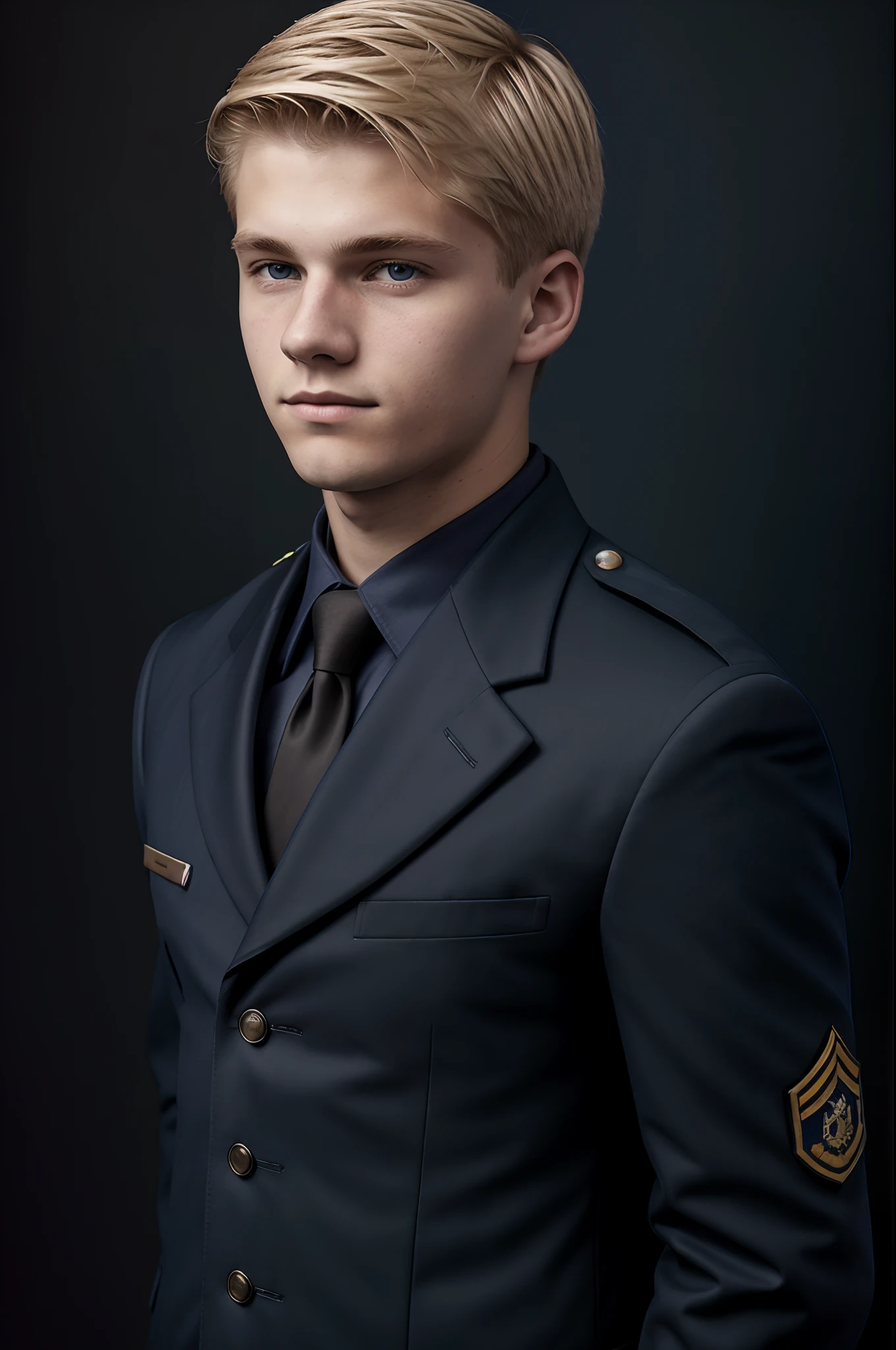 ID photograph of 18-year-old blond man in dark blue military suit looking at camera