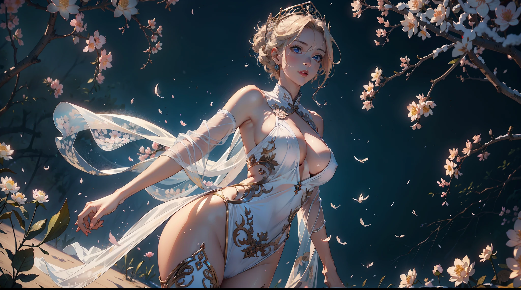 3 females,Stand in a row,Beauty contests,sexyposture,Married Woman,A MILF,熟妇,mature,extremely large bosom,plumw(Background with:Mare,Cherry blossom forest,lotus flower)Lie underwater, She has short blonde hair,cabelos preto e longos,bobo head,seen from the front,mostly cloudy sky,(((tmasterpiece),(Very detailed CG unity 8K wallpaper),best qualtiy,cinmatic lighting,detailed back ground,beatiful detailed eyes,Bright pupils,Blue eyes,Snow-whiteskin,Redlip(Very fine and beautiful),(Beautiful and detailed eye description),ultra - detailed,tmasterpiece,))facing at camera,A high resolution,ultra - detailed),revealing breasts,Bare genitalia, Bulge,legs are open,Raised sexy,Camel toes,Desire for dissatisfaction,frontage,(Wearing : White transparent cheongsam)
